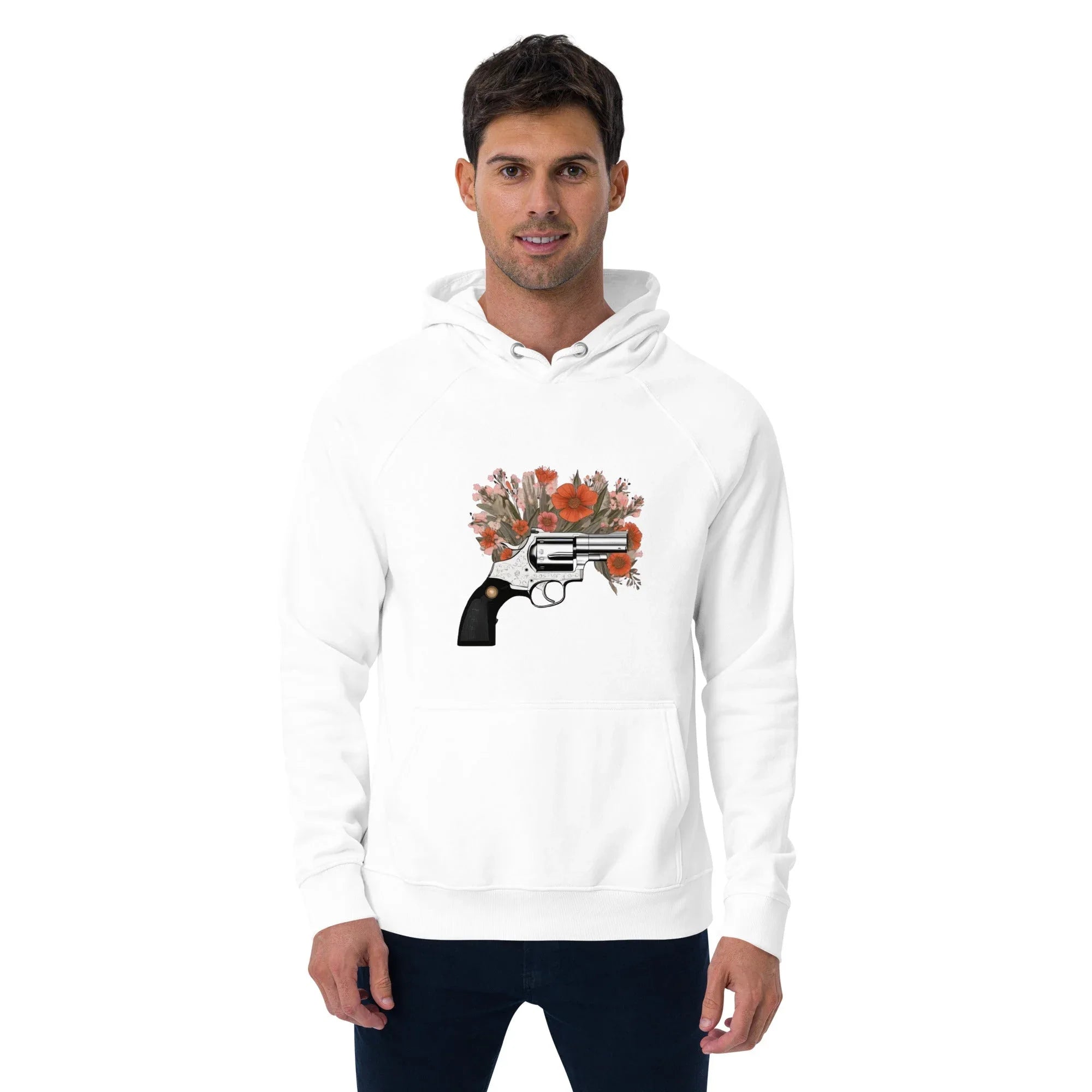 Unisex | Gun Flower Hoodie White Hoodie AwRans Clothing unisex-eco-raglan-hoodie-white-front-65db7562a8705