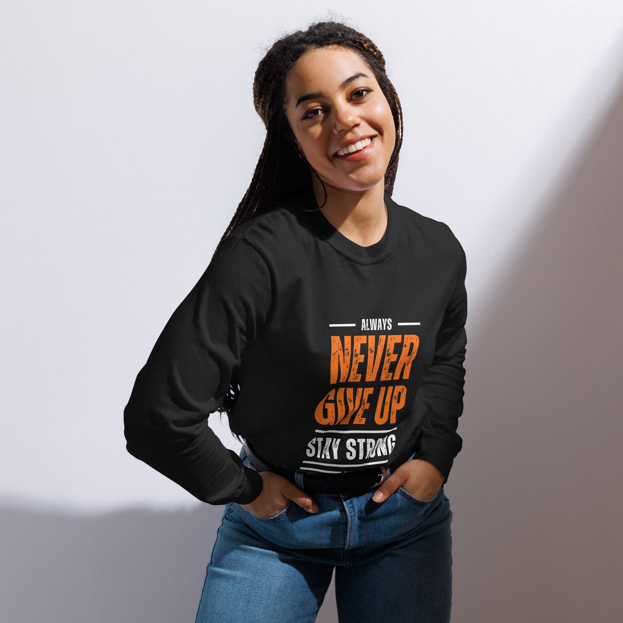 Unisex Garment-dyed heavyweight long-sleeve shirt | Always Never Give Up Stay Strong long-sleeve shirt AwRans Clothing unisex-garment-dyed-heavyweight-long-sleeve-shirt-black-front-67eab0a3bded3