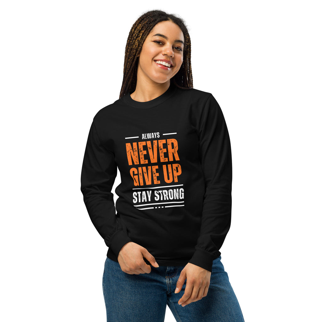 Unisex Garment-dyed heavyweight long-sleeve shirt | Always Never Give Up Stay Strong long-sleeve shirt AwRans Clothing unisex-garment-dyed-heavyweight-long-sleeve-shirt-black-front-67eab0a3bf3ff