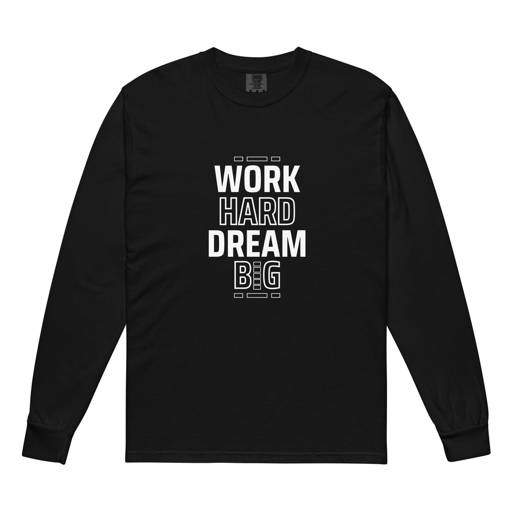 Unisex Garment-dyed heavyweight long-sleeve shirt | Work Hard , Dream Big Black long-sleeve shirt AwRans Clothing unisex-garment-dyed-heavyweight-long-sleeve-shirt-black-front-67eab157a7adb