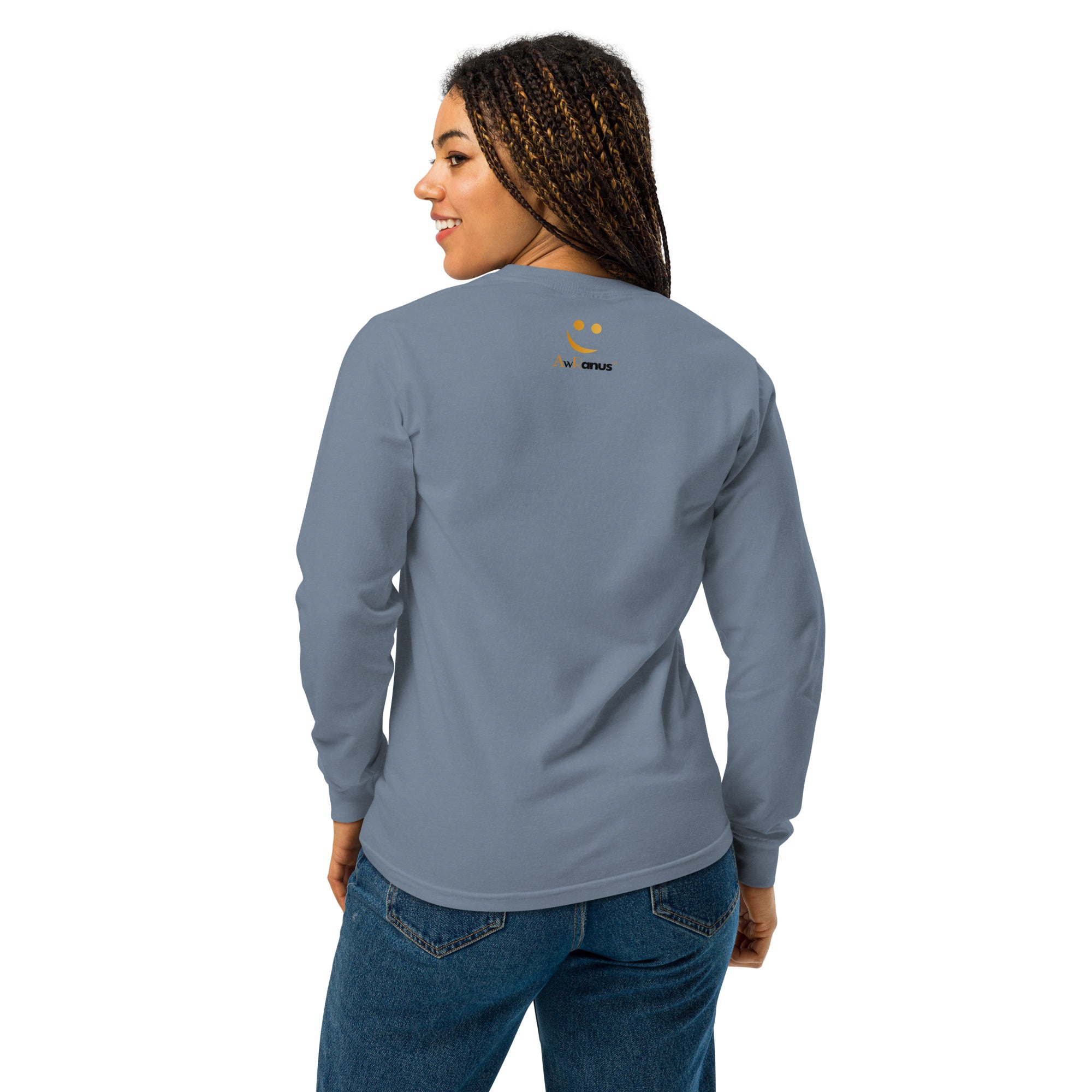 Unisex Garment-dyed heavyweight long-sleeve shirt | Be Kind To Your Mind long-sleeve shirt AwRans Clothing unisex-garment-dyed-heavyweight-long-sleeve-shirt-blue-jean-back-67eaaff170499