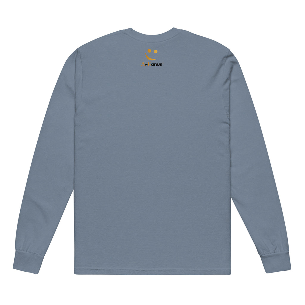Unisex Garment-dyed heavyweight long-sleeve shirt | Everything Will Be Ok long-sleeve shirt AwRans Clothing unisex-garment-dyed-heavyweight-long-sleeve-shirt-blue-jean-back-67eab37925037