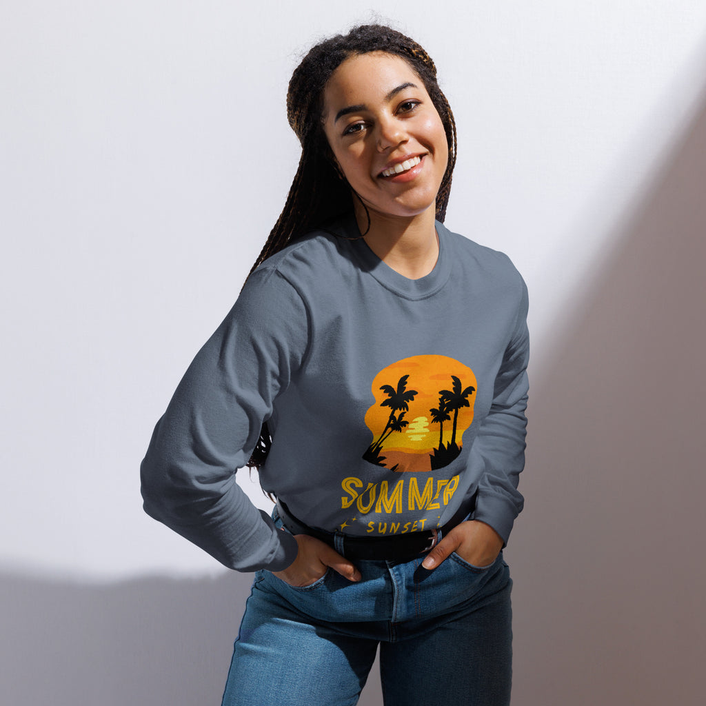 Unisex Garment-dyed heavyweight long-sleeve shirt | Summer Sunset long-sleeve shirt AwRans Clothing unisex-garment-dyed-heavyweight-long-sleeve-shirt-blue-jean-front-67eaae922a3e3