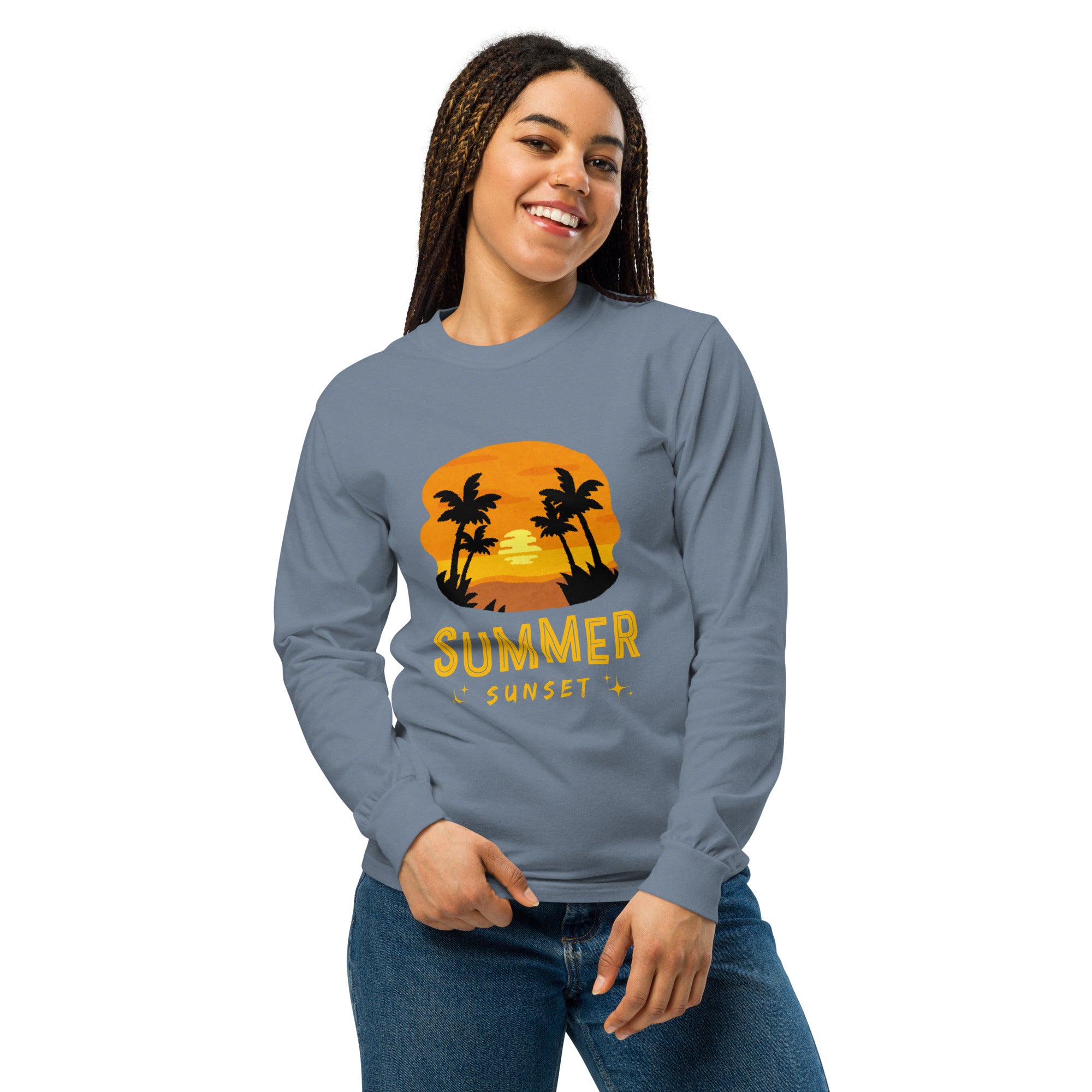 Unisex Garment-dyed heavyweight long-sleeve shirt | Summer Sunset long-sleeve shirt AwRans Clothing unisex-garment-dyed-heavyweight-long-sleeve-shirt-blue-jean-front-67eaae922e262