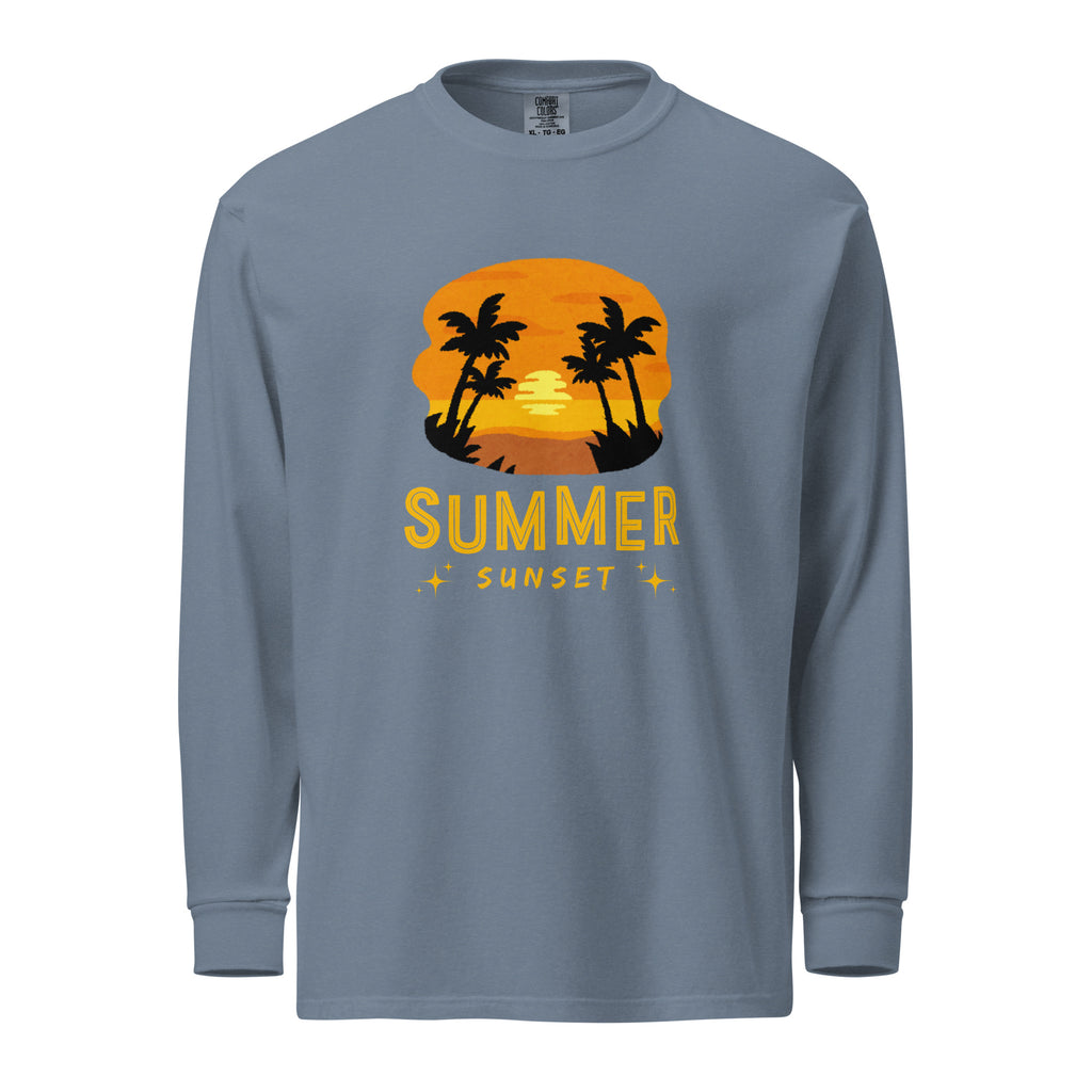 Unisex Garment-dyed heavyweight long-sleeve shirt | Summer Sunset long-sleeve shirt AwRans Clothing unisex-garment-dyed-heavyweight-long-sleeve-shirt-blue-jean-front-67eaae922fc4e