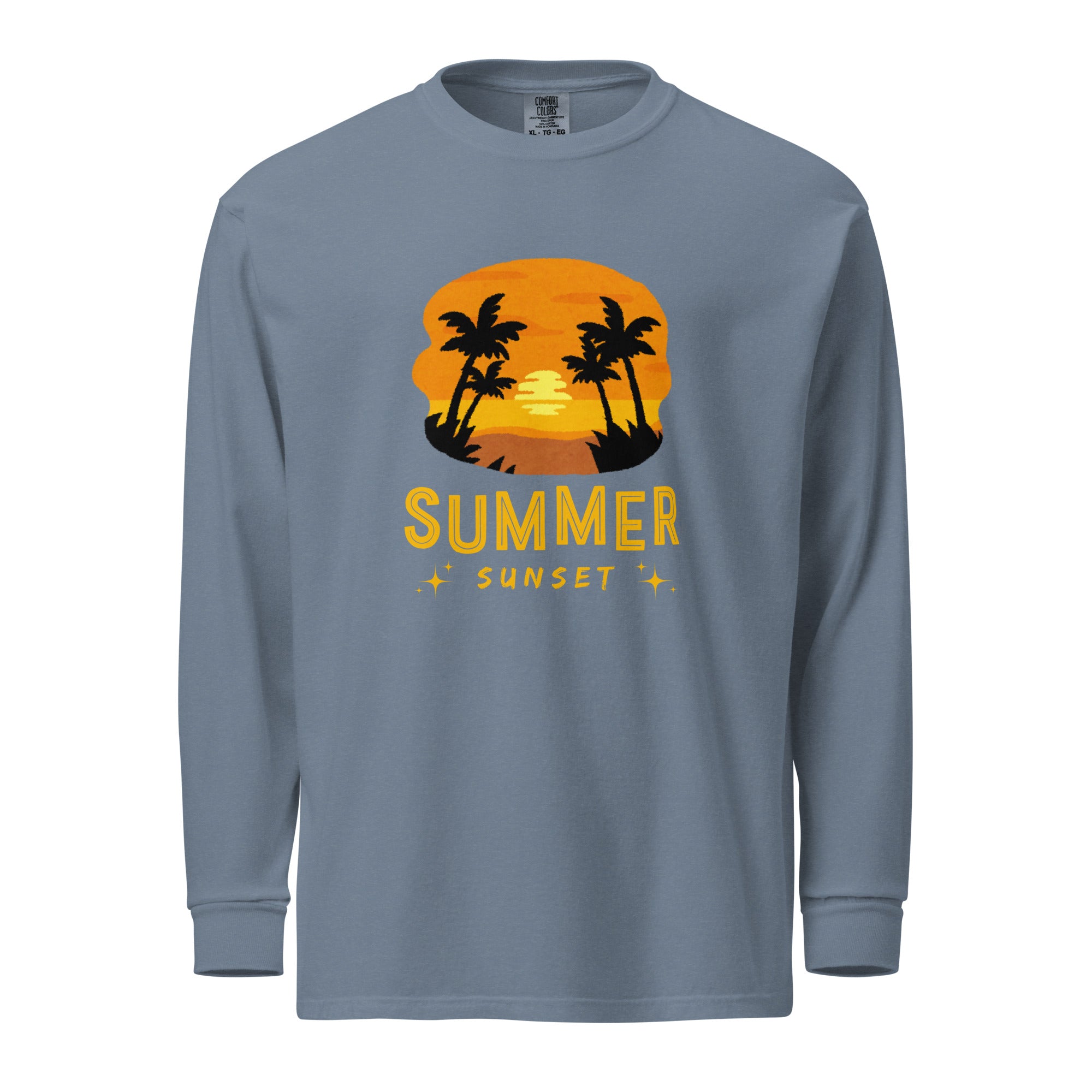 Unisex Garment-dyed heavyweight long-sleeve shirt | Summer Sunset long-sleeve shirt AwRans Clothing unisex-garment-dyed-heavyweight-long-sleeve-shirt-blue-jean-front-67eaae922fc4e
