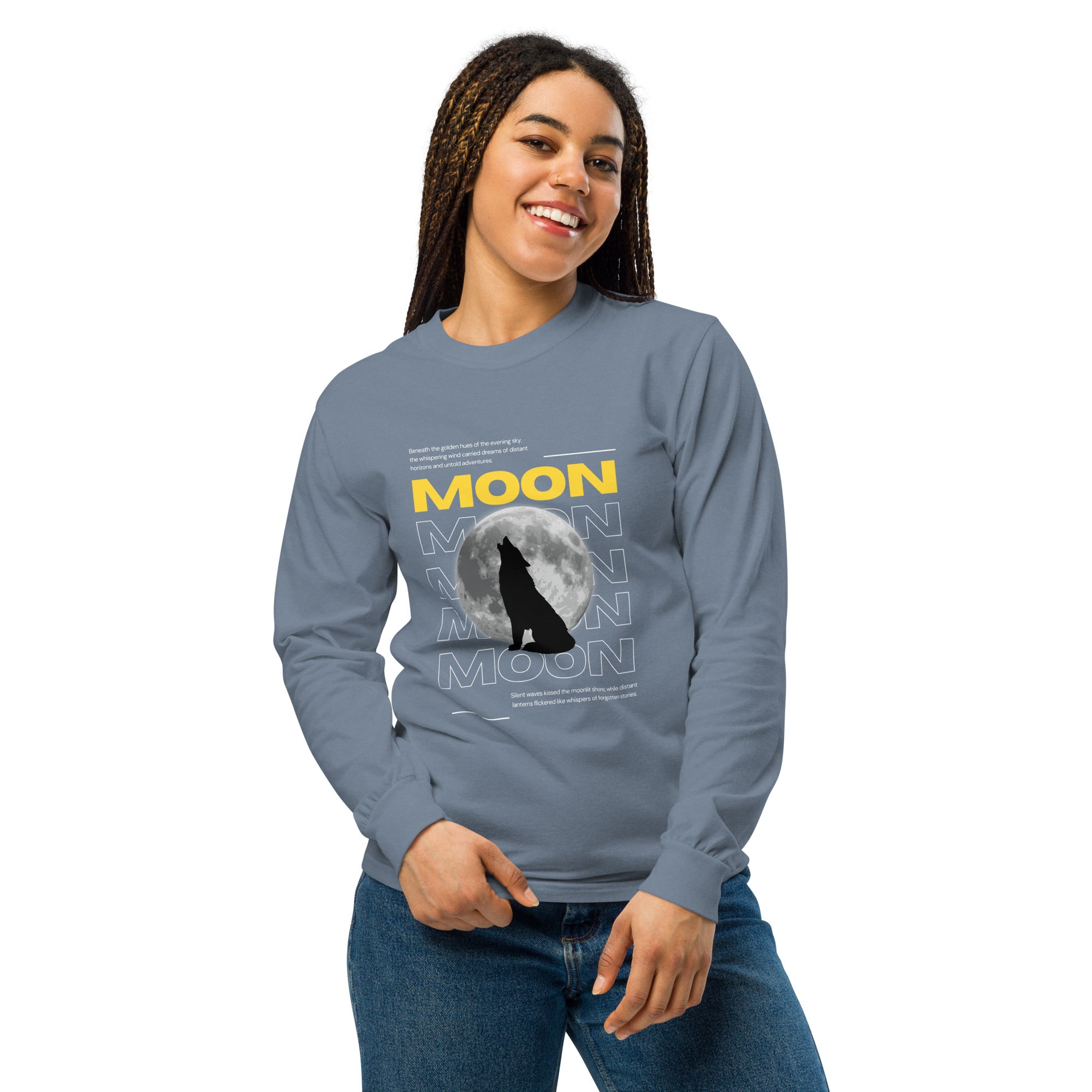 Unisex Garment-dyed heavyweight long-sleeve shirt | Moon long-sleeve shirt AwRans Clothing unisex-garment-dyed-heavyweight-long-sleeve-shirt-blue-jean-front-67eaaf412adda