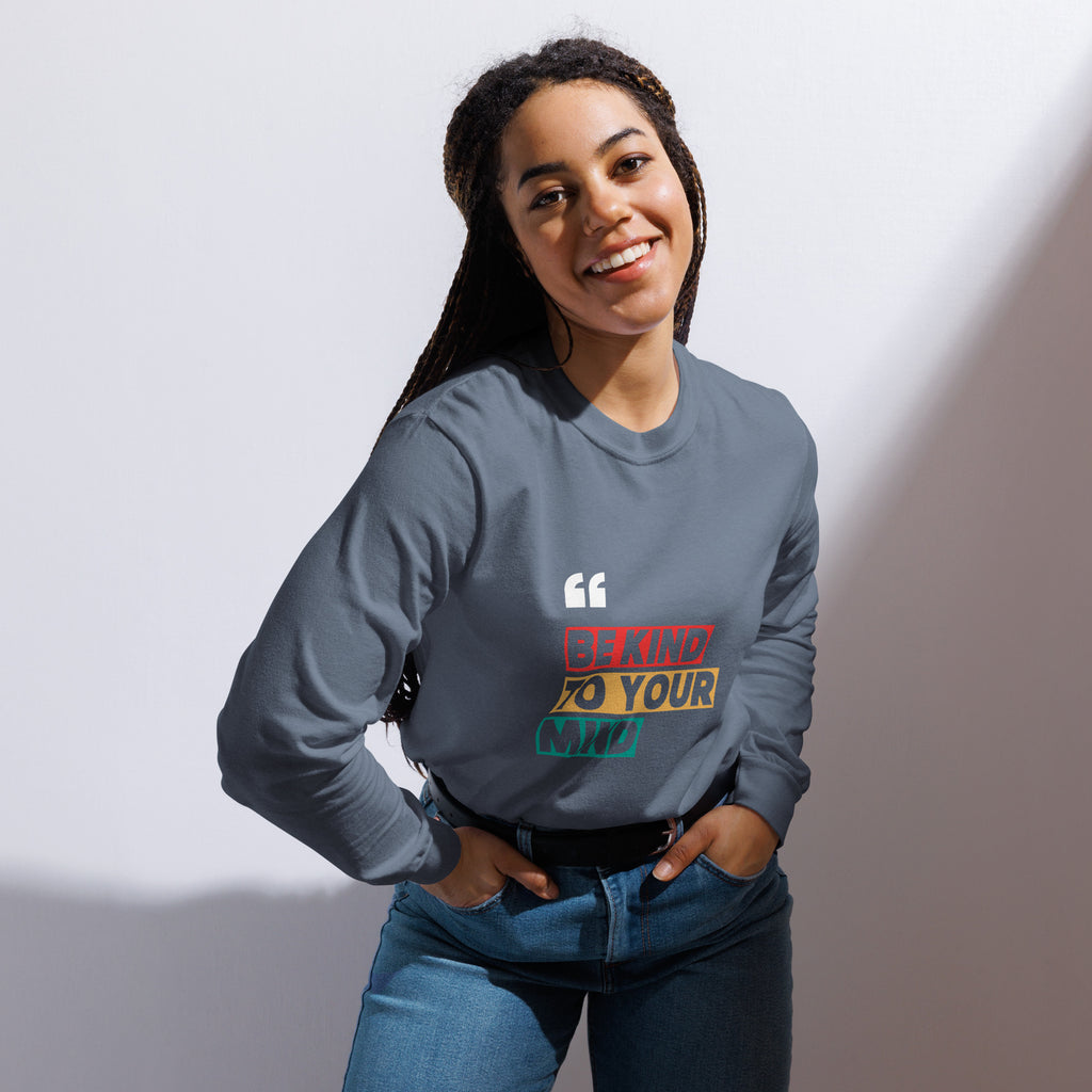 Unisex Garment-dyed heavyweight long-sleeve shirt | Be Kind To Your Mind long-sleeve shirt AwRans Clothing unisex-garment-dyed-heavyweight-long-sleeve-shirt-blue-jean-front-67eaaff16fc37