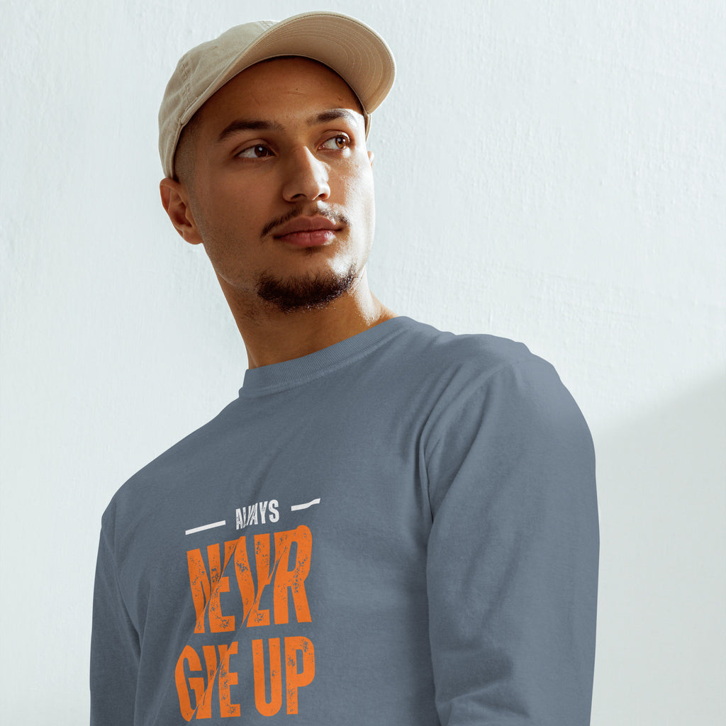 Unisex Garment-dyed heavyweight long-sleeve shirt | Always Never Give Up Stay Strong long-sleeve shirt AwRans Clothing unisex-garment-dyed-heavyweight-long-sleeve-shirt-blue-jean-front-67eab0a3c8cd7