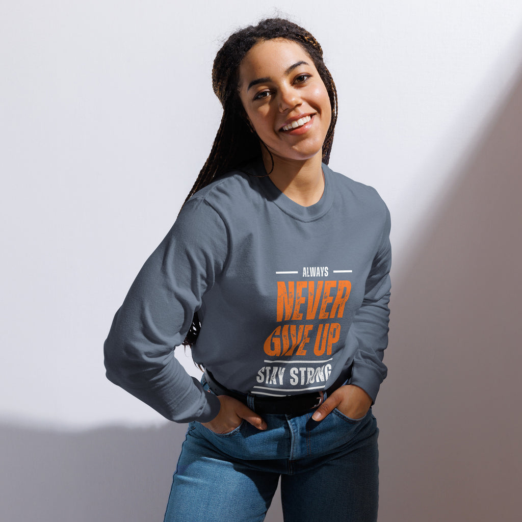 Unisex Garment-dyed heavyweight long-sleeve shirt | Always Never Give Up Stay Strong long-sleeve shirt AwRans Clothing unisex-garment-dyed-heavyweight-long-sleeve-shirt-blue-jean-front-67eab0a3c97d4