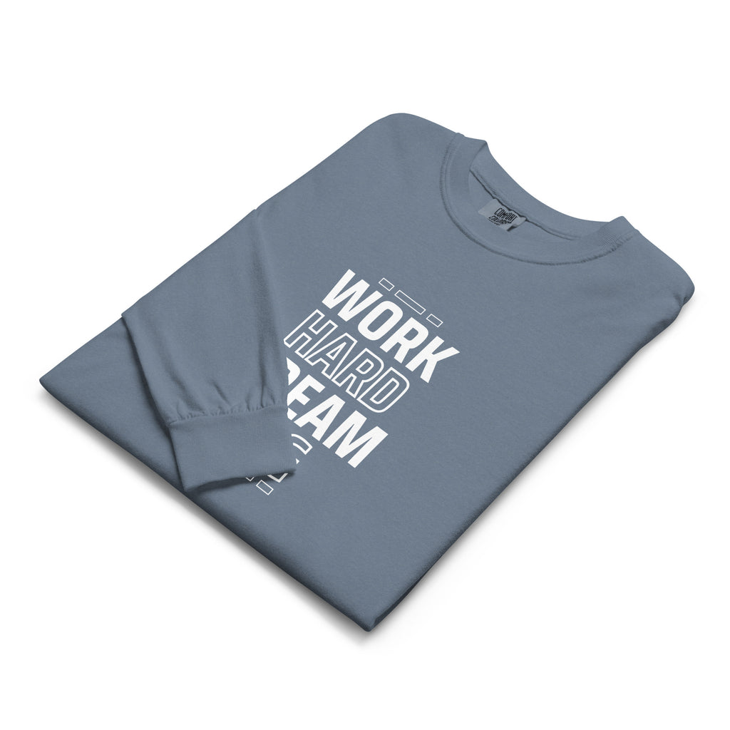 Unisex Garment-dyed heavyweight long-sleeve shirt | Work Hard , Dream Big long-sleeve shirt AwRans Clothing unisex-garment-dyed-heavyweight-long-sleeve-shirt-blue-jean-front-67eab157af6ac