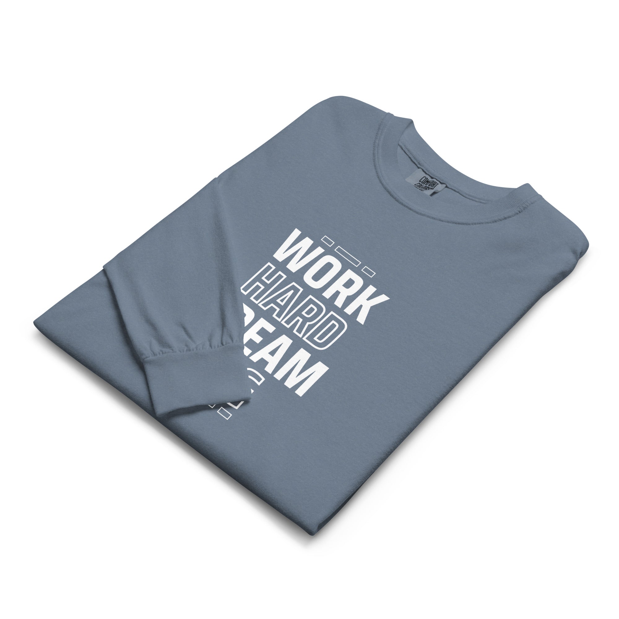 Unisex Garment-dyed heavyweight long-sleeve shirt | Work Hard , Dream Big long-sleeve shirt AwRans Clothing unisex-garment-dyed-heavyweight-long-sleeve-shirt-blue-jean-front-67eab157af6ac