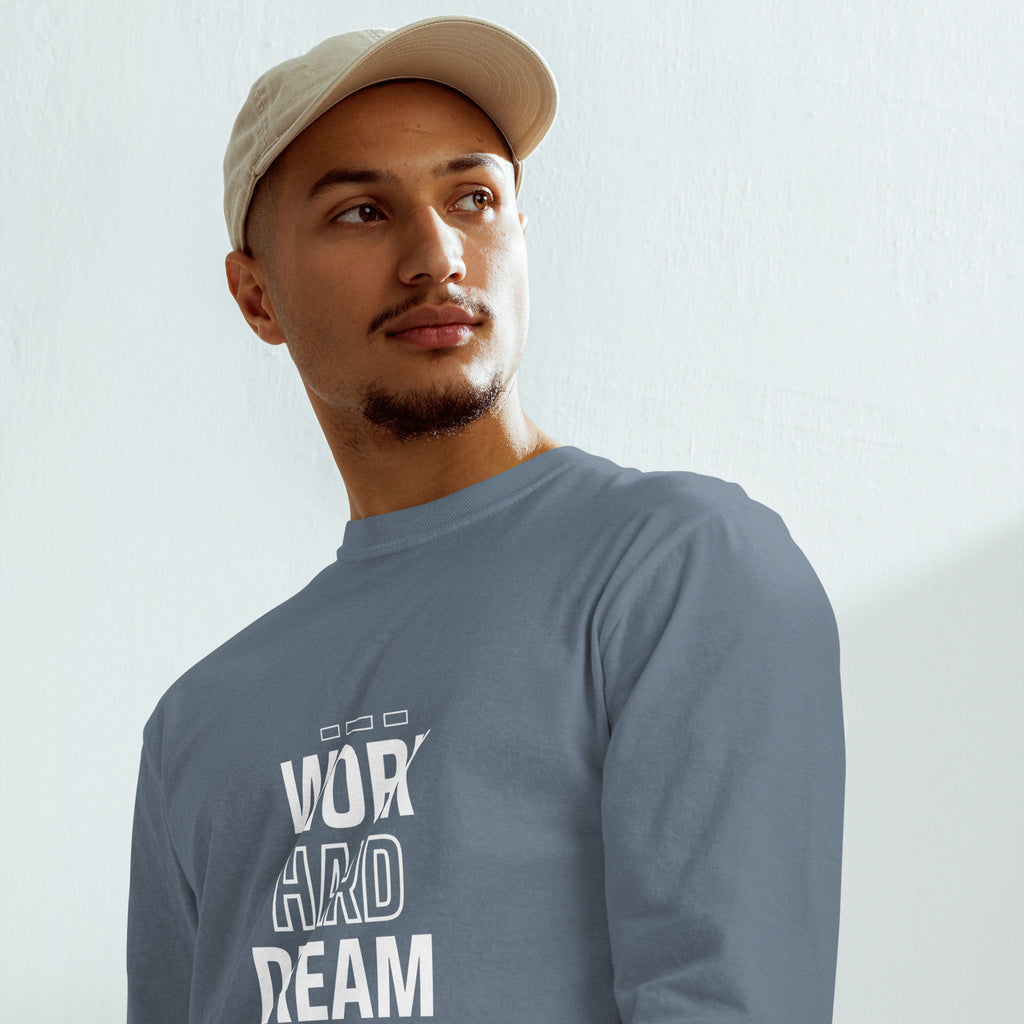 Unisex Garment-dyed heavyweight long-sleeve shirt | Work Hard , Dream Big long-sleeve shirt AwRans Clothing unisex-garment-dyed-heavyweight-long-sleeve-shirt-blue-jean-front-67eab157aff29