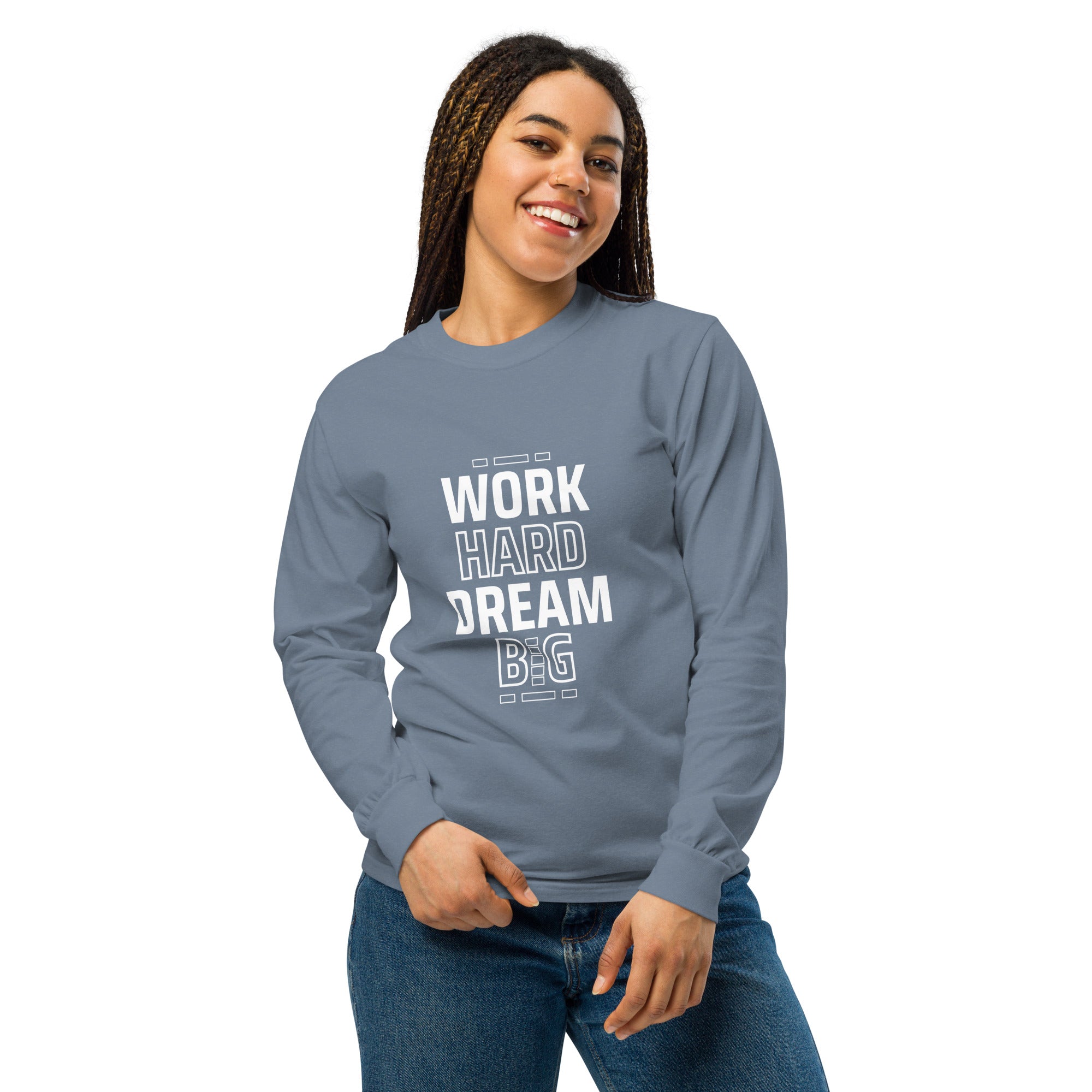 Unisex Garment-dyed heavyweight long-sleeve shirt | Work Hard , Dream Big long-sleeve shirt AwRans Clothing unisex-garment-dyed-heavyweight-long-sleeve-shirt-blue-jean-front-67eab157b3842
