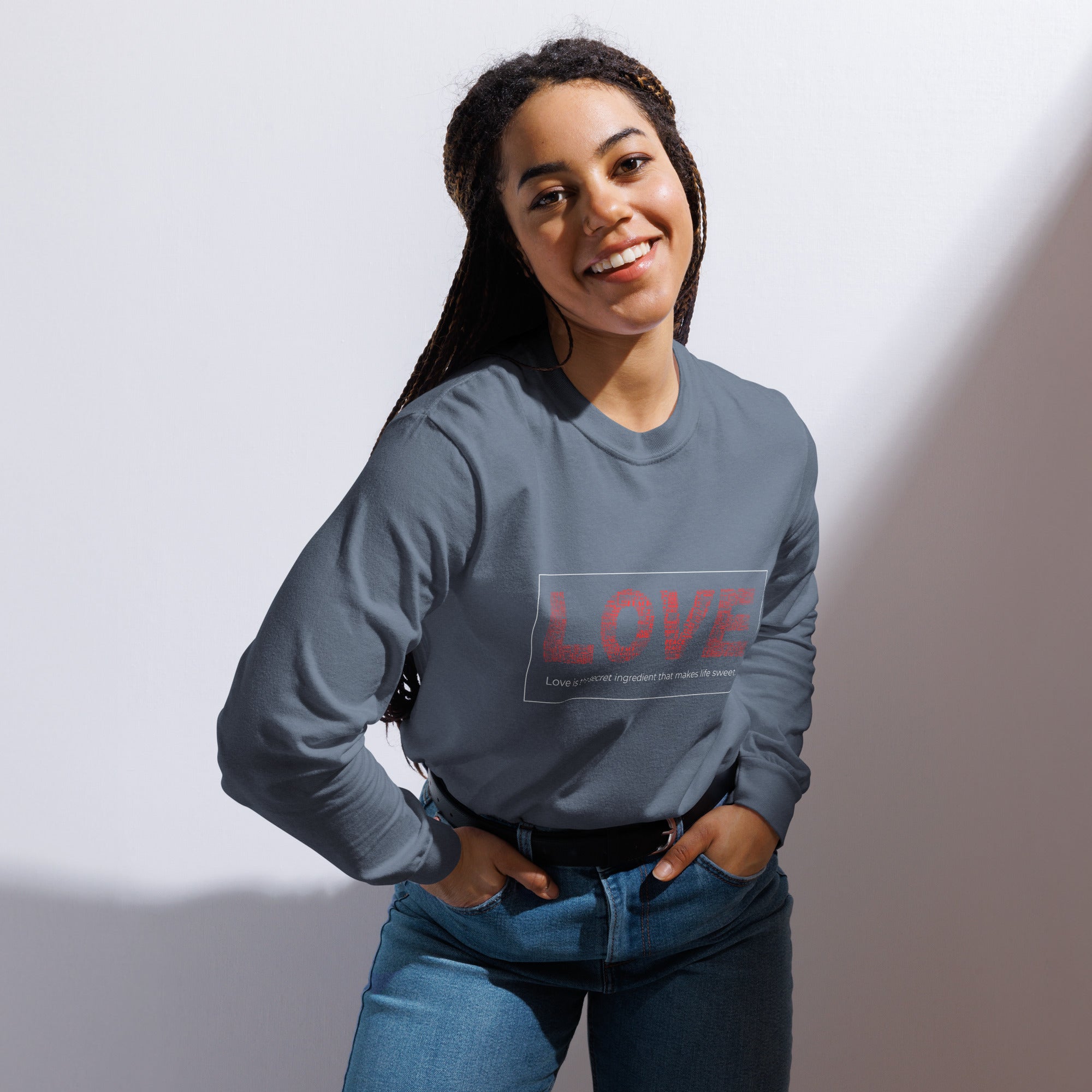 Unisex Garment-dyed heavyweight long-sleeve shirt | Love long-sleeve shirt AwRans Clothing unisex-garment-dyed-heavyweight-long-sleeve-shirt-blue-jean-front-67eab20c86e20