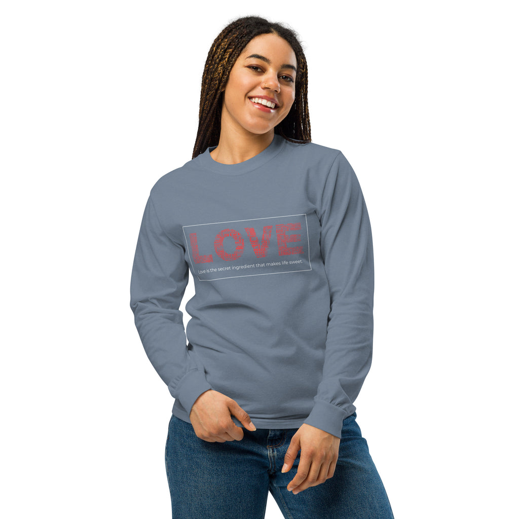 Unisex Garment-dyed heavyweight long-sleeve shirt | Love long-sleeve shirt AwRans Clothing unisex-garment-dyed-heavyweight-long-sleeve-shirt-blue-jean-front-67eab20c8c078