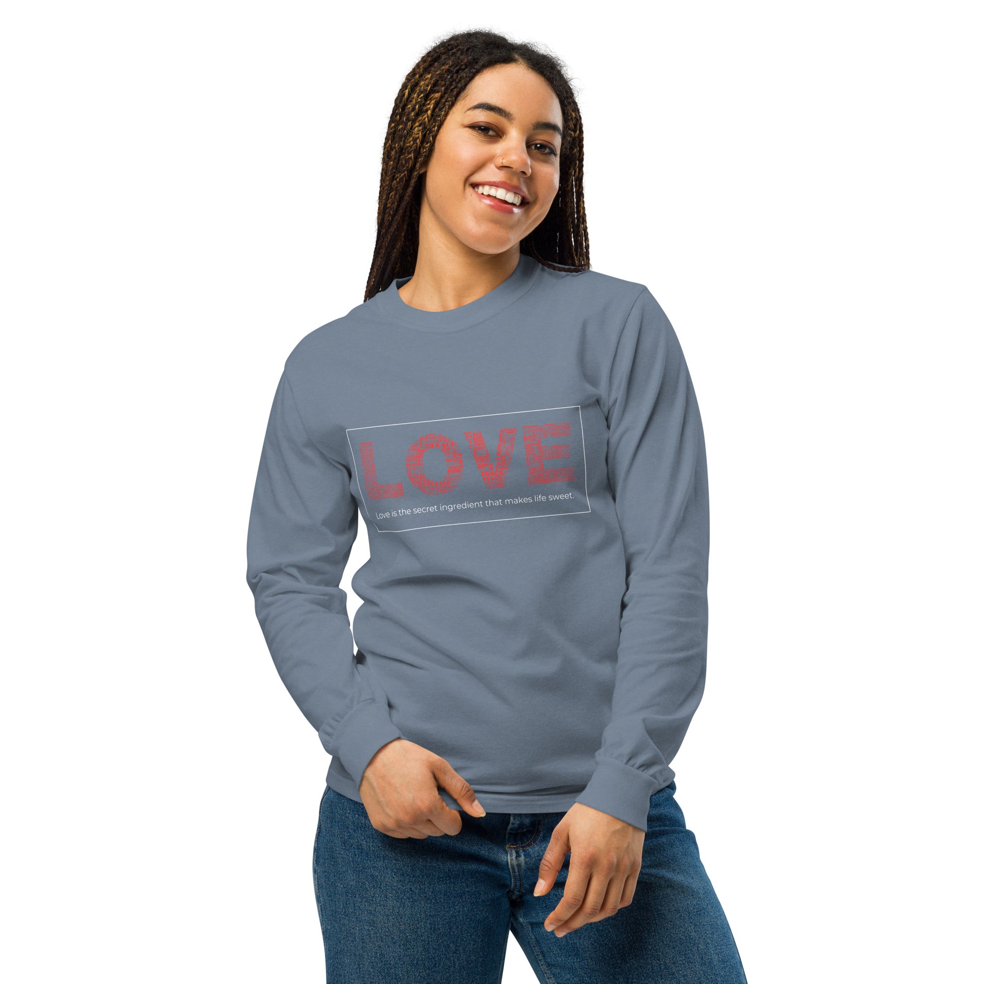 Unisex Garment-dyed heavyweight long-sleeve shirt | Love long-sleeve shirt AwRans Clothing unisex-garment-dyed-heavyweight-long-sleeve-shirt-blue-jean-front-67eab20c8c078