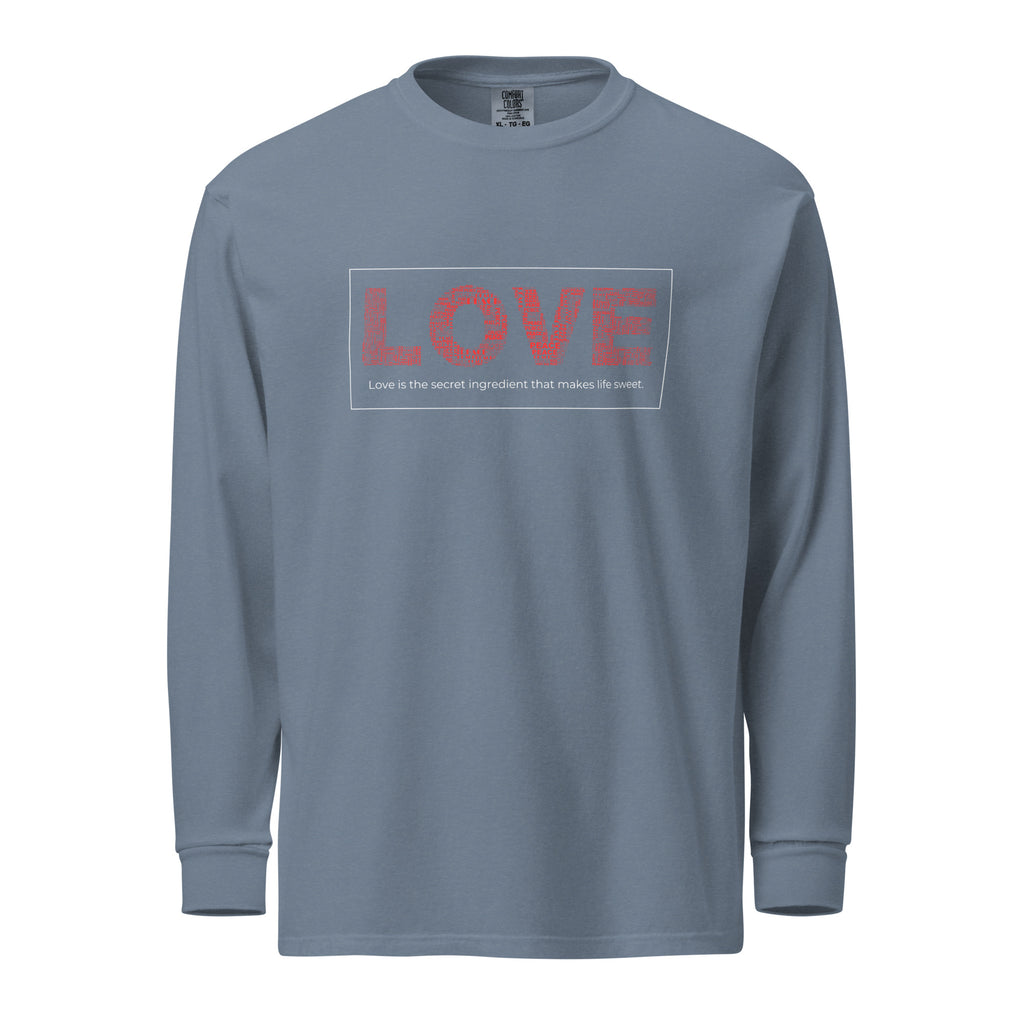 Unisex Garment-dyed heavyweight long-sleeve shirt | Love long-sleeve shirt AwRans Clothing unisex-garment-dyed-heavyweight-long-sleeve-shirt-blue-jean-front-67eab20c8d8de
