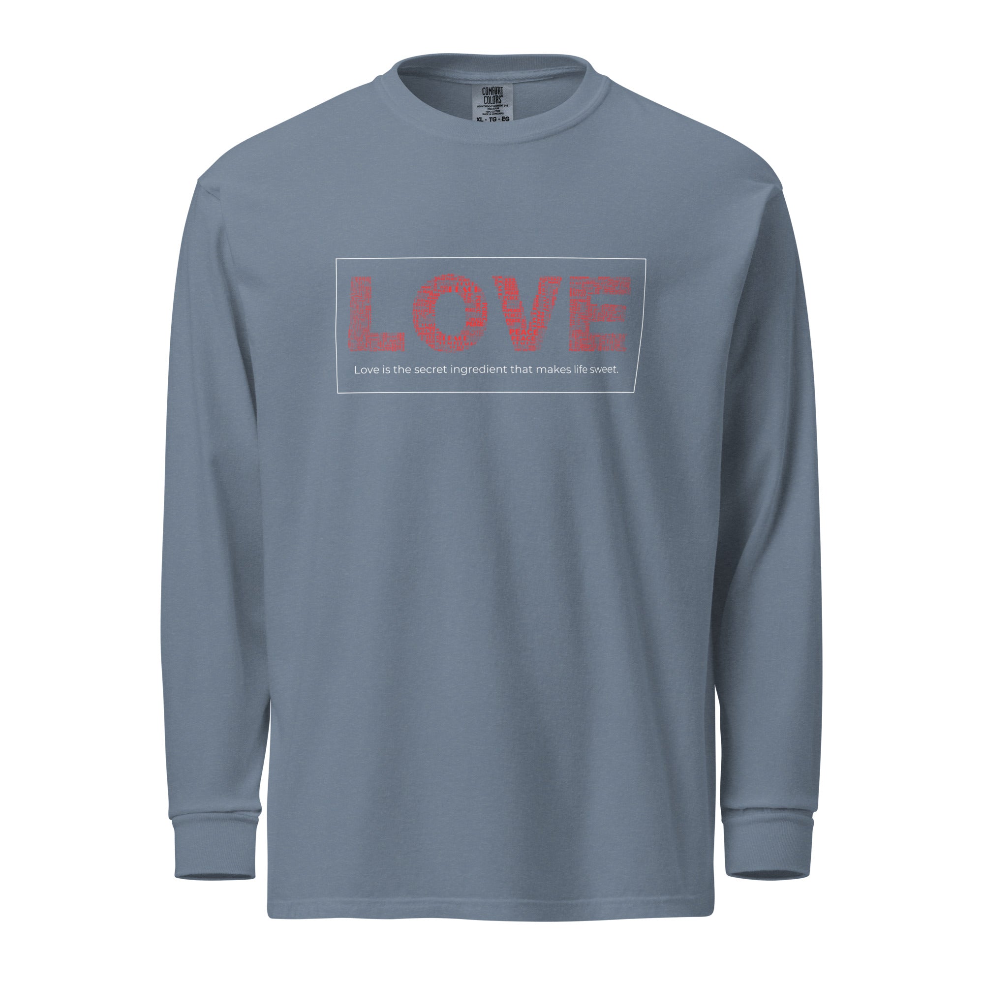 Unisex Garment-dyed heavyweight long-sleeve shirt | Love long-sleeve shirt AwRans Clothing unisex-garment-dyed-heavyweight-long-sleeve-shirt-blue-jean-front-67eab20c8d8de
