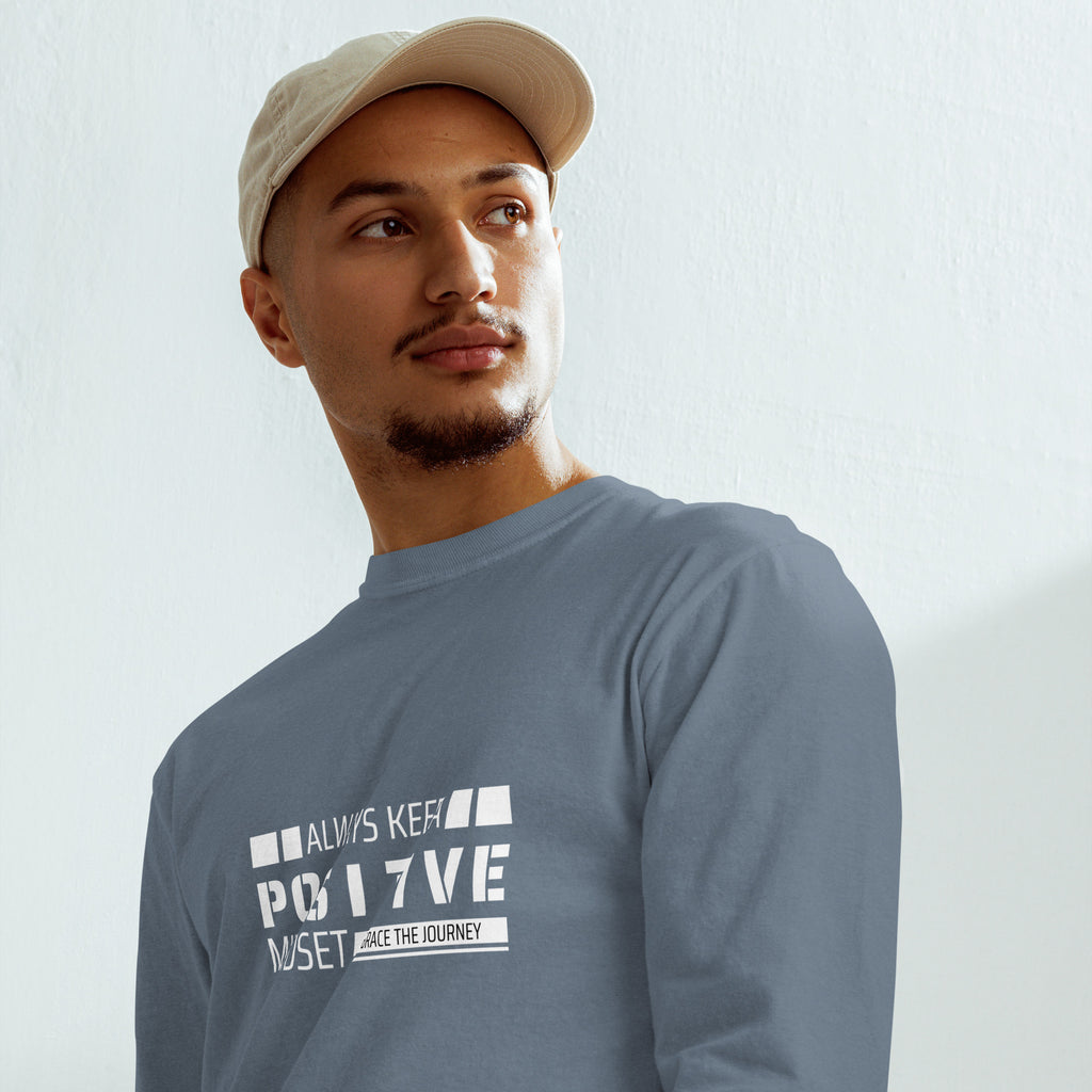 Unisex Garment-dyed heavyweight long-sleeve shirt | Always Keep A Positive Mindset long-sleeve shirt AwRans Clothing unisex-garment-dyed-heavyweight-long-sleeve-shirt-blue-jean-front-67eab2c30f485