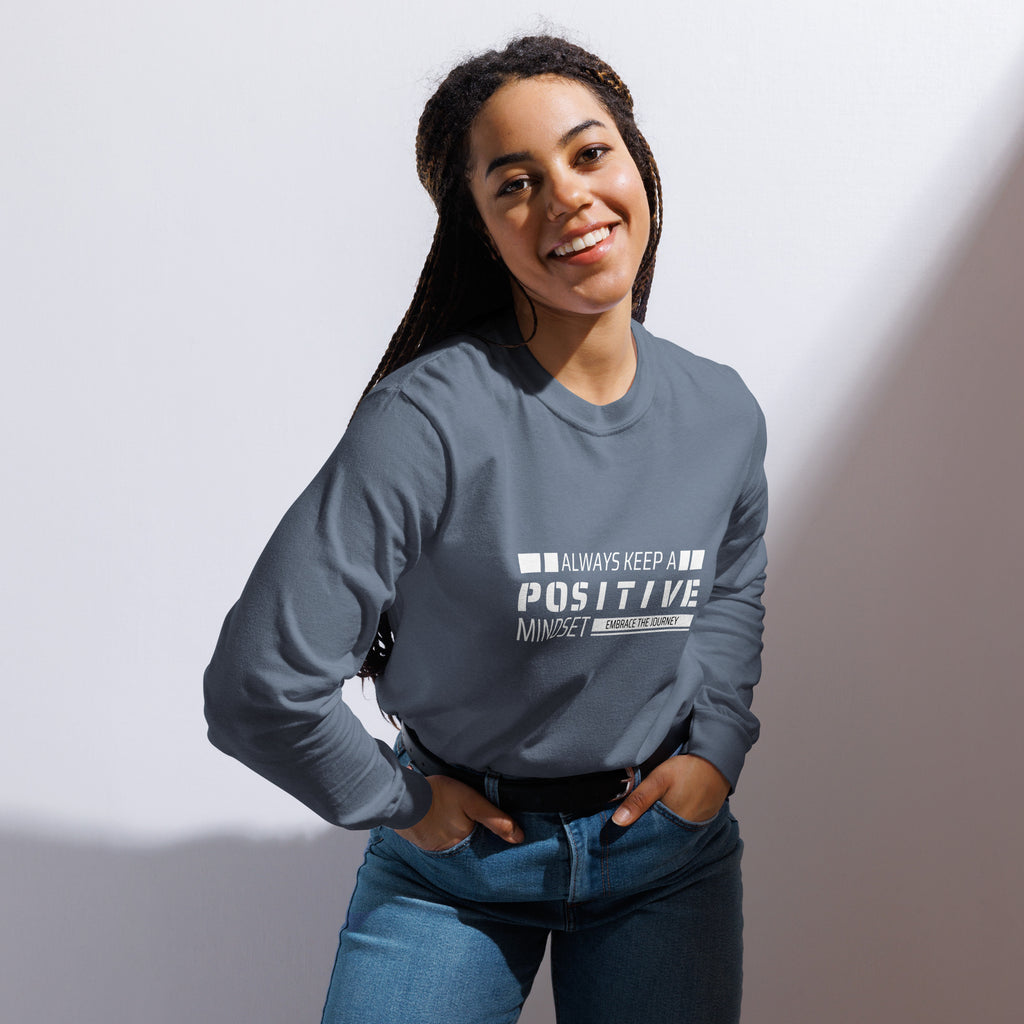 Unisex Garment-dyed heavyweight long-sleeve shirt | Always Keep A Positive Mindset long-sleeve shirt AwRans Clothing unisex-garment-dyed-heavyweight-long-sleeve-shirt-blue-jean-front-67eab2c30fd33