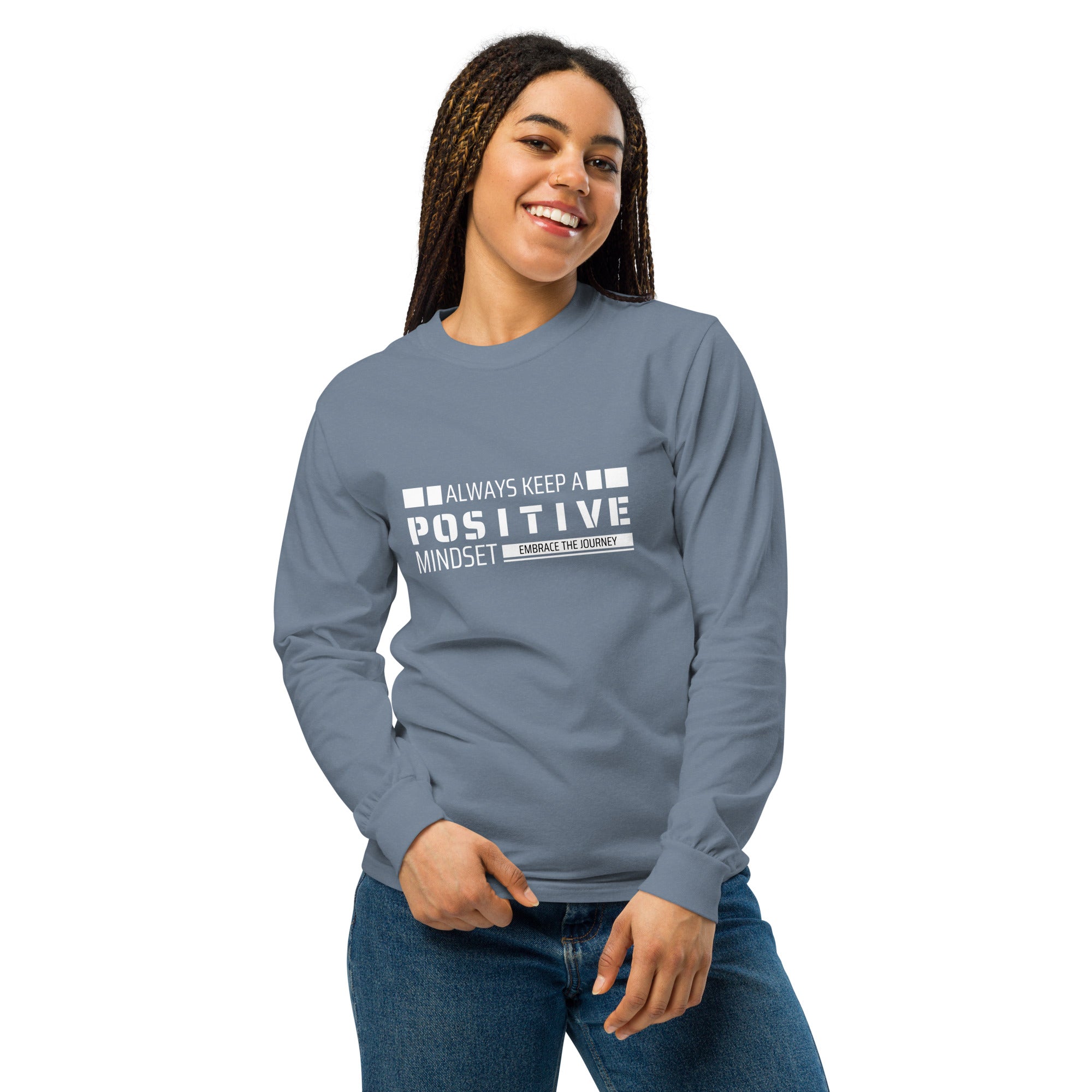 Unisex Garment-dyed heavyweight long-sleeve shirt | Always Keep A Positive Mindset long-sleeve shirt AwRans Clothing unisex-garment-dyed-heavyweight-long-sleeve-shirt-blue-jean-front-67eab2c313172