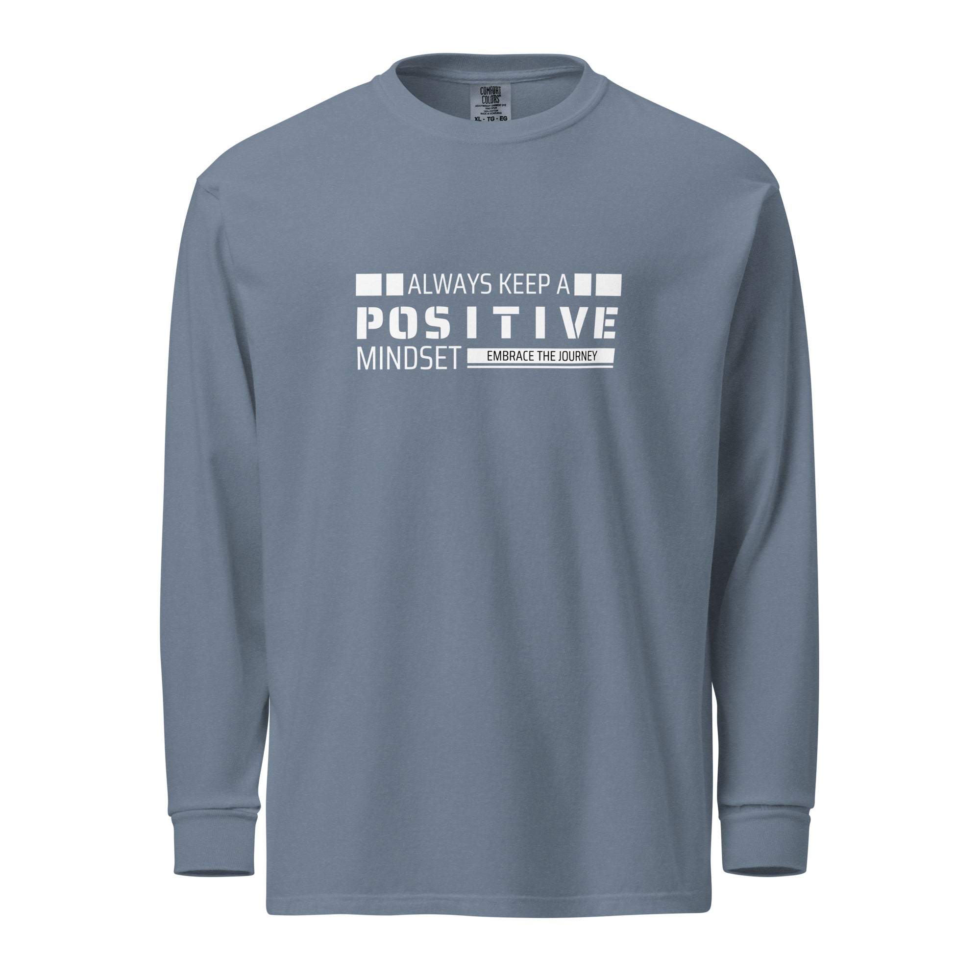 Unisex Garment-dyed heavyweight long-sleeve shirt | Always Keep A Positive Mindset long-sleeve shirt AwRans Clothing unisex-garment-dyed-heavyweight-long-sleeve-shirt-blue-jean-front-67eab2c314aac