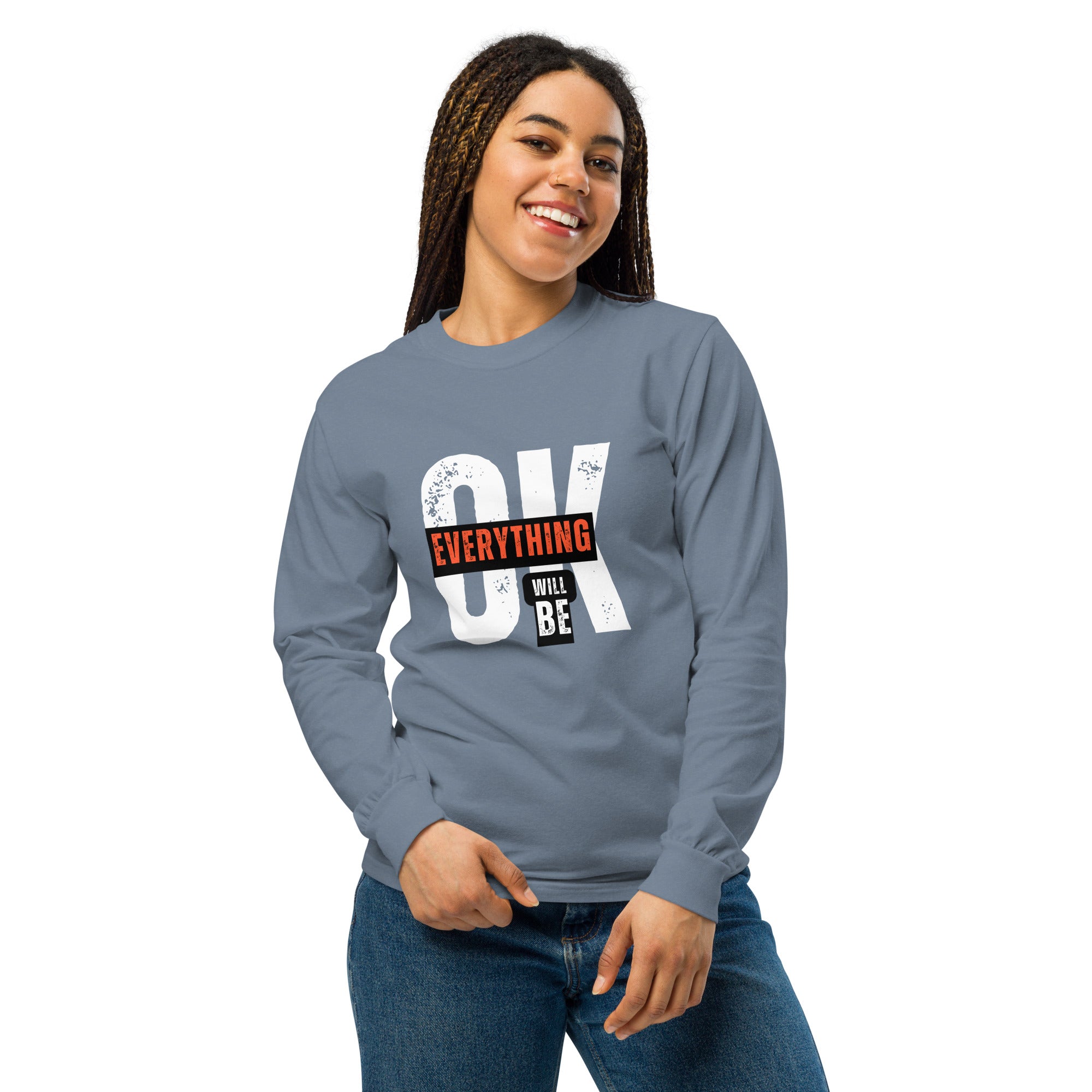 Unisex Garment-dyed heavyweight long-sleeve shirt | Everything Will Be Ok long-sleeve shirt AwRans Clothing unisex-garment-dyed-heavyweight-long-sleeve-shirt-blue-jean-front-67eab378d537c