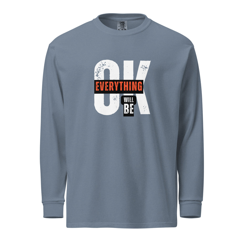 Unisex Garment-dyed heavyweight long-sleeve shirt | Everything Will Be Ok long-sleeve shirt AwRans Clothing unisex-garment-dyed-heavyweight-long-sleeve-shirt-blue-jean-front-67eab378d6c2f