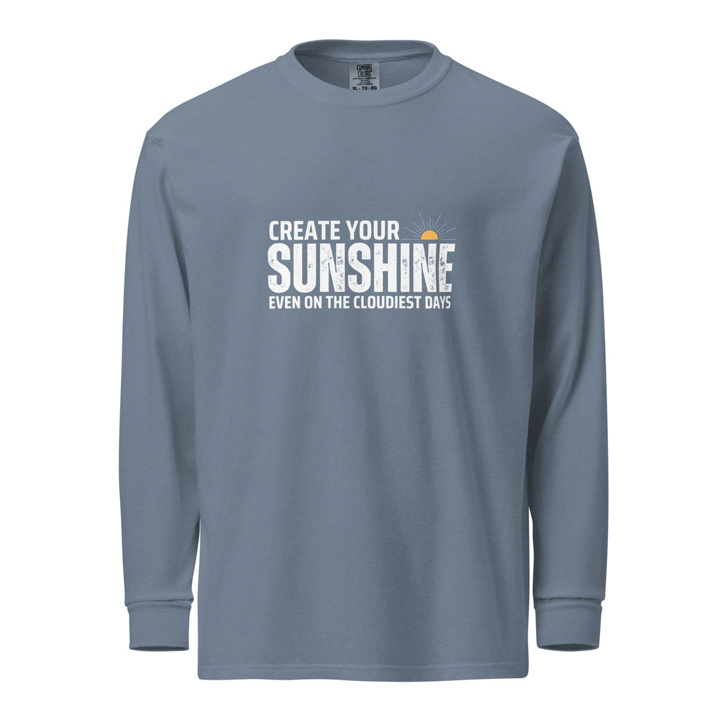 Unisex Garment-dyed heavyweight long-sleeve shirt | Create Your Sunshine long-sleeve shirt AwRans Clothing unisex-garment-dyed-heavyweight-long-sleeve-shirt-blue-jean-front-67eab7736b8b4