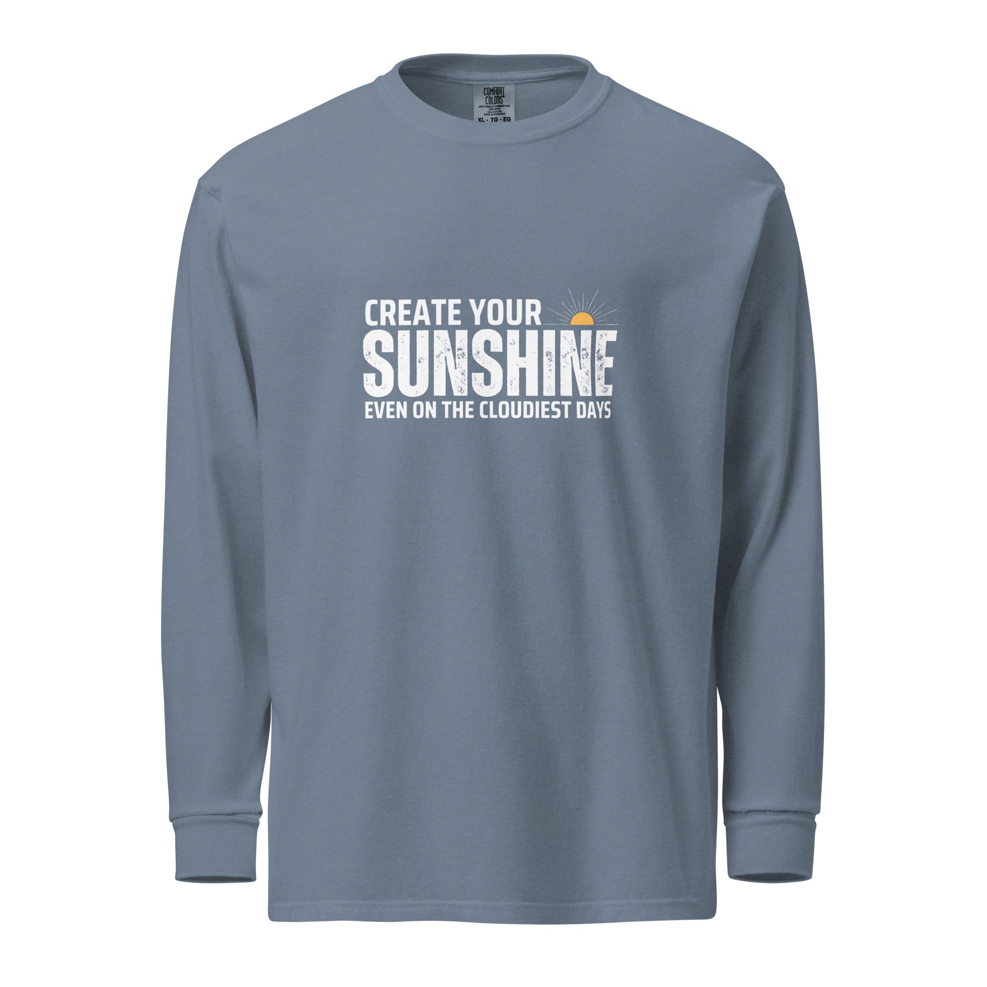 Unisex Garment-dyed heavyweight long-sleeve shirt | Create Your Sunshine long-sleeve shirt AwRans Clothing unisex-garment-dyed-heavyweight-long-sleeve-shirt-blue-jean-front-67eab7736b8b4