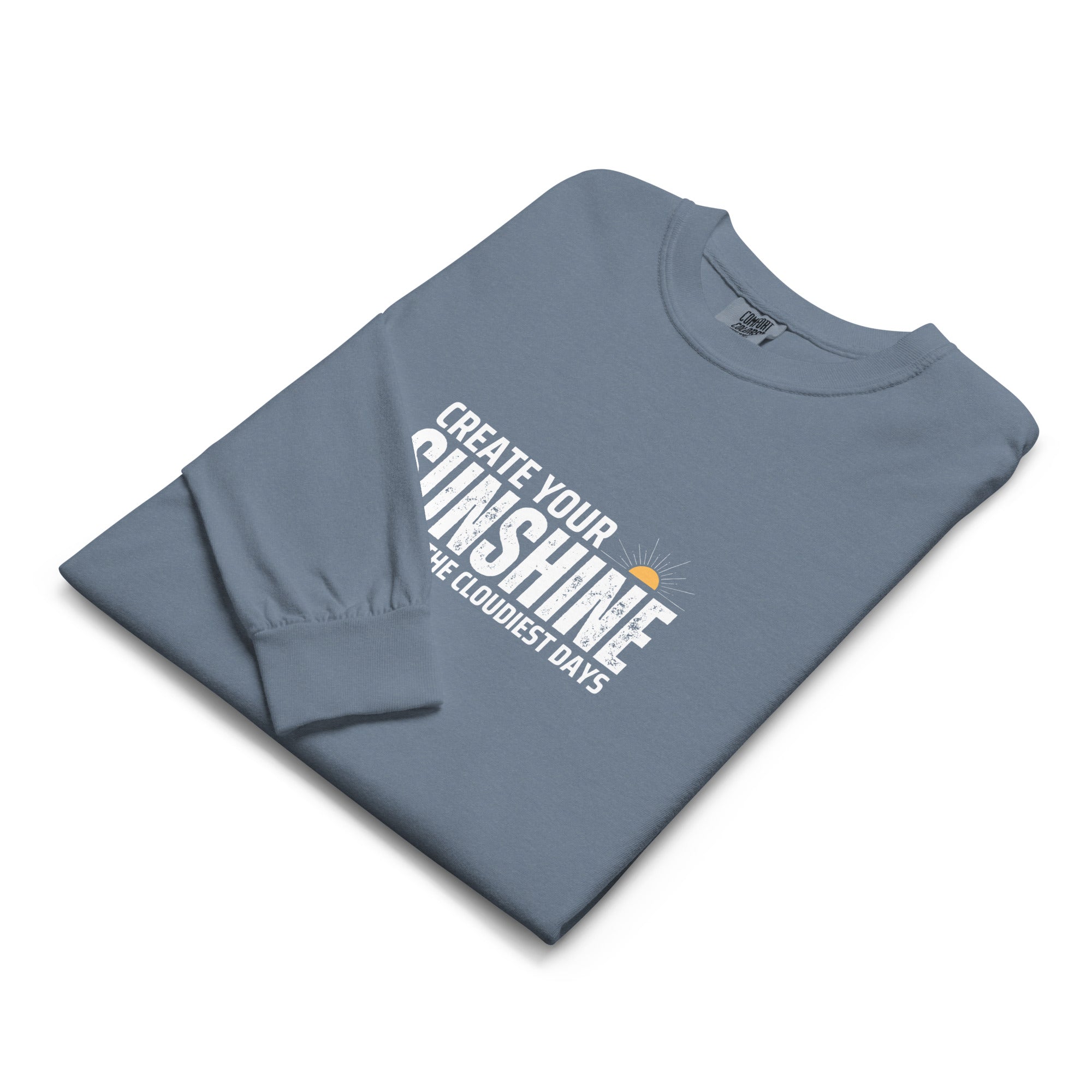 Unisex Garment-dyed heavyweight long-sleeve shirt | Create Your Sunshine long-sleeve shirt AwRans Clothing unisex-garment-dyed-heavyweight-long-sleeve-shirt-blue-jean-front-67eab7736de7e