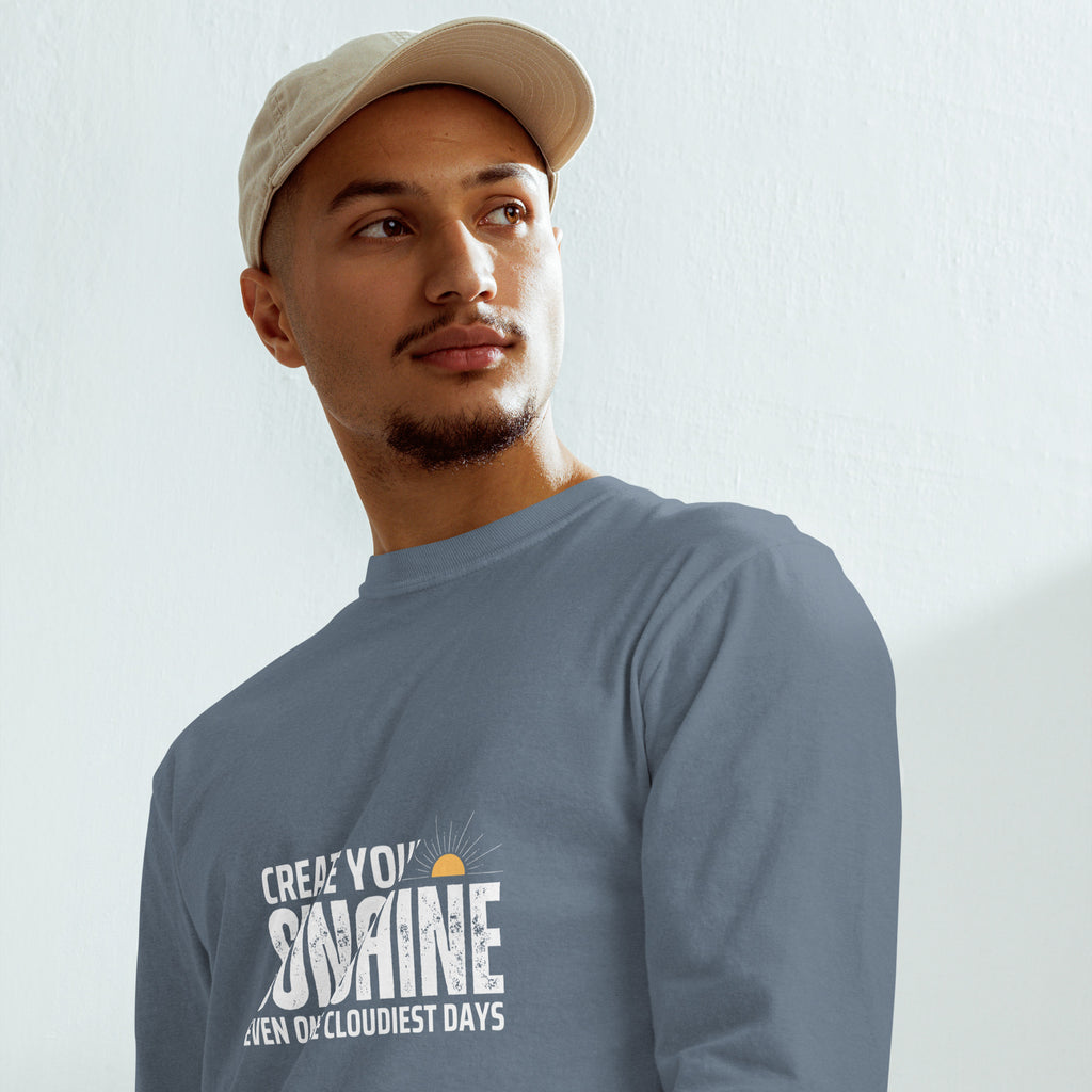 Unisex Garment-dyed heavyweight long-sleeve shirt | Create Your Sunshine long-sleeve shirt AwRans Clothing unisex-garment-dyed-heavyweight-long-sleeve-shirt-blue-jean-front-67eab7736e6e1
