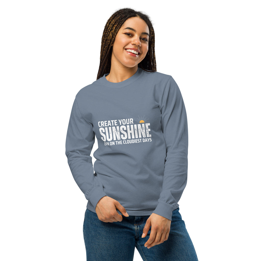 Unisex Garment-dyed heavyweight long-sleeve shirt | Create Your Sunshine long-sleeve shirt AwRans Clothing unisex-garment-dyed-heavyweight-long-sleeve-shirt-blue-jean-front-67eab77370be2