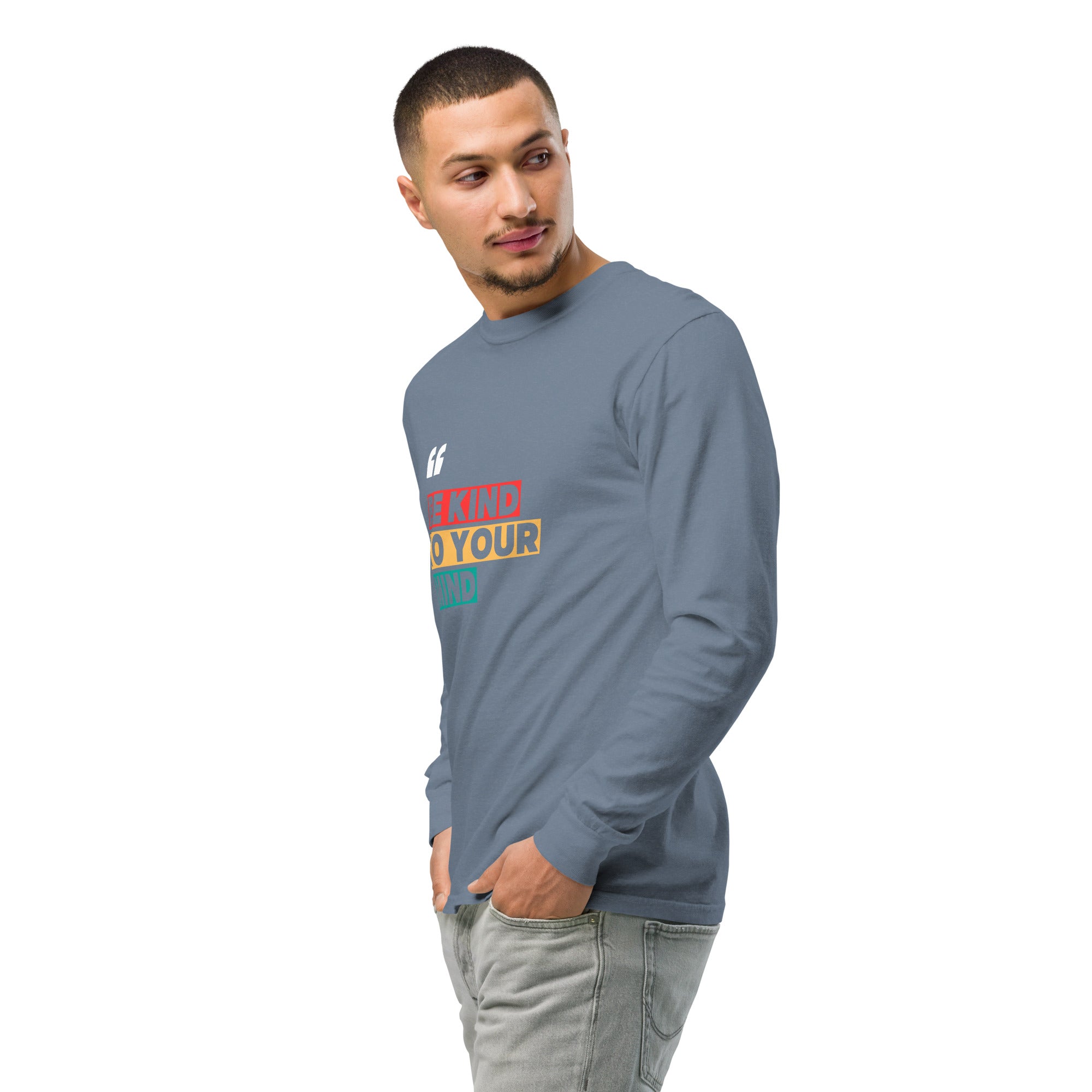 Unisex Garment-dyed heavyweight long-sleeve shirt | Be Kind To Your Mind long-sleeve shirt AwRans Clothing unisex-garment-dyed-heavyweight-long-sleeve-shirt-blue-jean-left-front-2-67eaaff16d62d