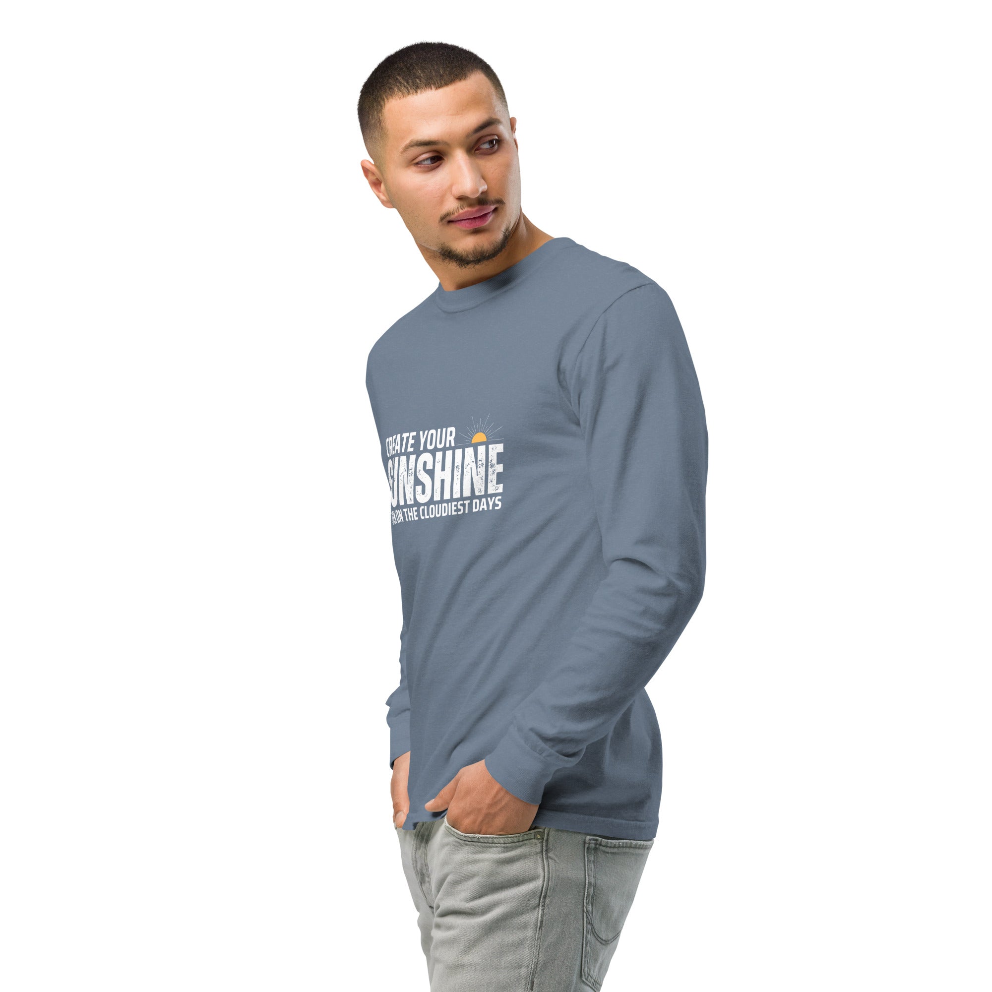 Unisex Garment-dyed heavyweight long-sleeve shirt | Create Your Sunshine long-sleeve shirt AwRans Clothing unisex-garment-dyed-heavyweight-long-sleeve-shirt-blue-jean-left-front-2-67eab77367632