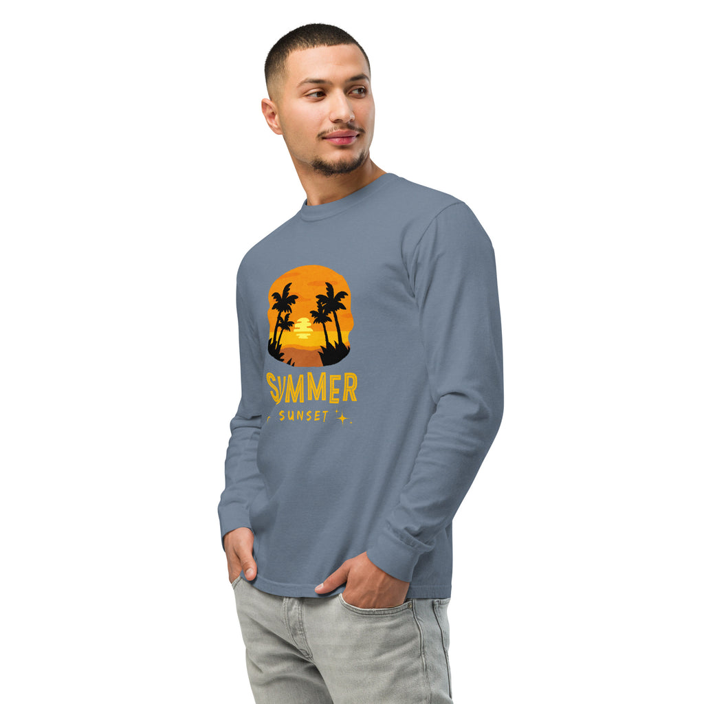 Unisex Garment-dyed heavyweight long-sleeve shirt | Summer Sunset long-sleeve shirt AwRans Clothing unisex-garment-dyed-heavyweight-long-sleeve-shirt-blue-jean-left-front-67eaae922f394