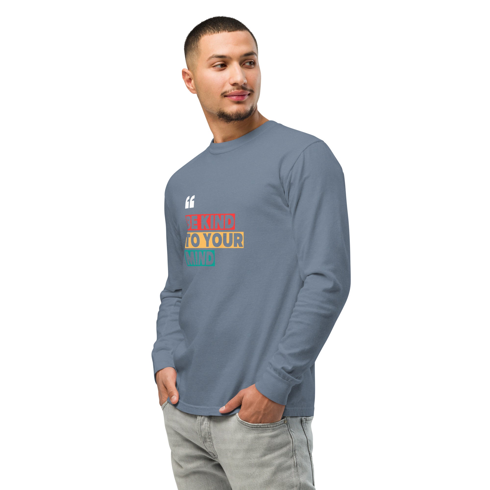 Unisex Garment-dyed heavyweight long-sleeve shirt | Be Kind To Your Mind long-sleeve shirt AwRans Clothing unisex-garment-dyed-heavyweight-long-sleeve-shirt-blue-jean-left-front-67eaaff1740f0