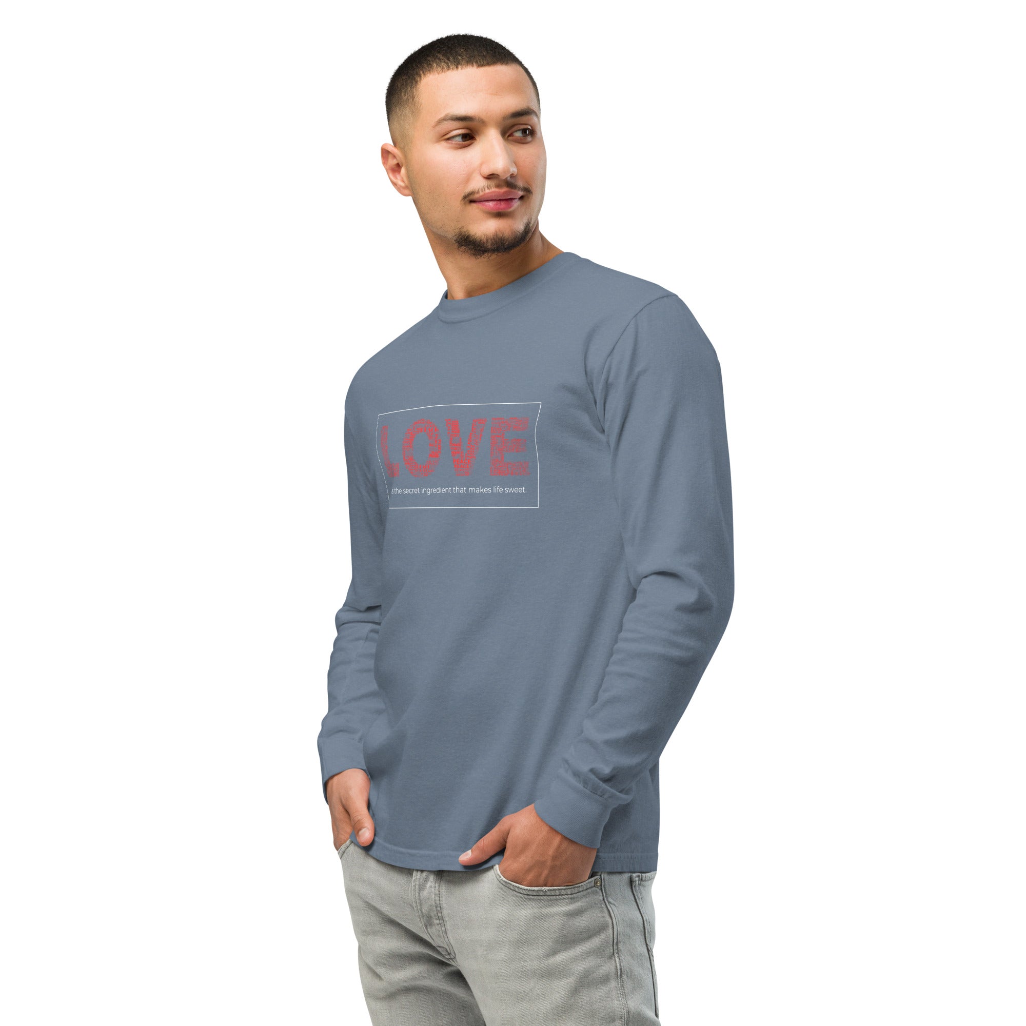 Unisex Garment-dyed heavyweight long-sleeve shirt | Love long-sleeve shirt AwRans Clothing unisex-garment-dyed-heavyweight-long-sleeve-shirt-blue-jean-left-front-67eab20c8d0c4