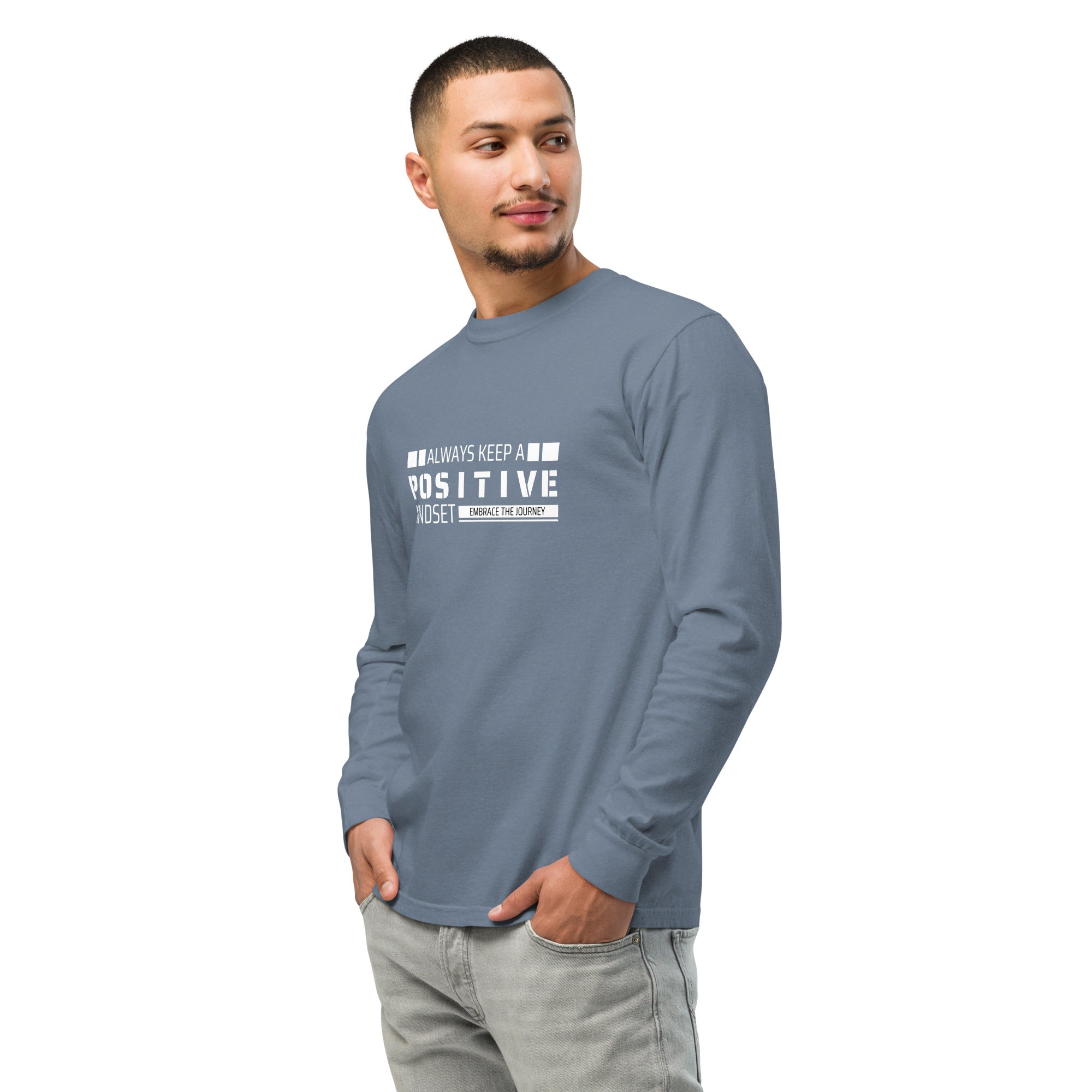 Unisex Garment-dyed heavyweight long-sleeve shirt | Always Keep A Positive Mindset long-sleeve shirt AwRans Clothing unisex-garment-dyed-heavyweight-long-sleeve-shirt-blue-jean-left-front-67eab2c314236