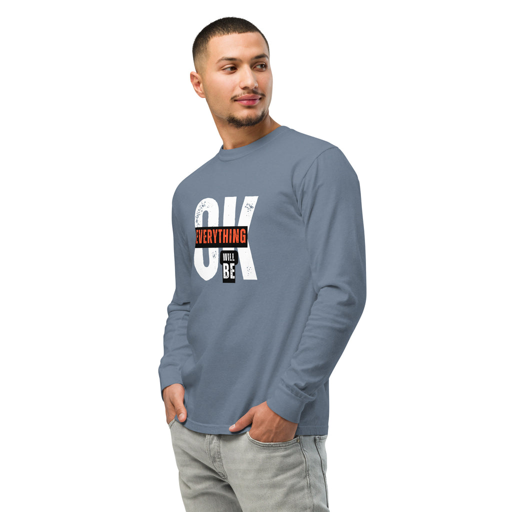 Unisex Garment-dyed heavyweight long-sleeve shirt | Everything Will Be Ok long-sleeve shirt AwRans Clothing unisex-garment-dyed-heavyweight-long-sleeve-shirt-blue-jean-left-front-67eab378d63fd