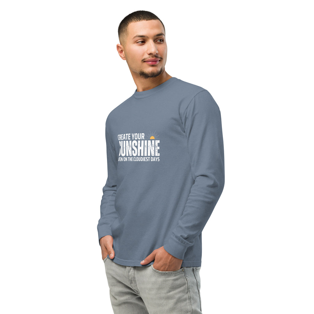 Unisex Garment-dyed heavyweight long-sleeve shirt | Create Your Sunshine long-sleeve shirt AwRans Clothing unisex-garment-dyed-heavyweight-long-sleeve-shirt-blue-jean-left-front-67eab7736a88a