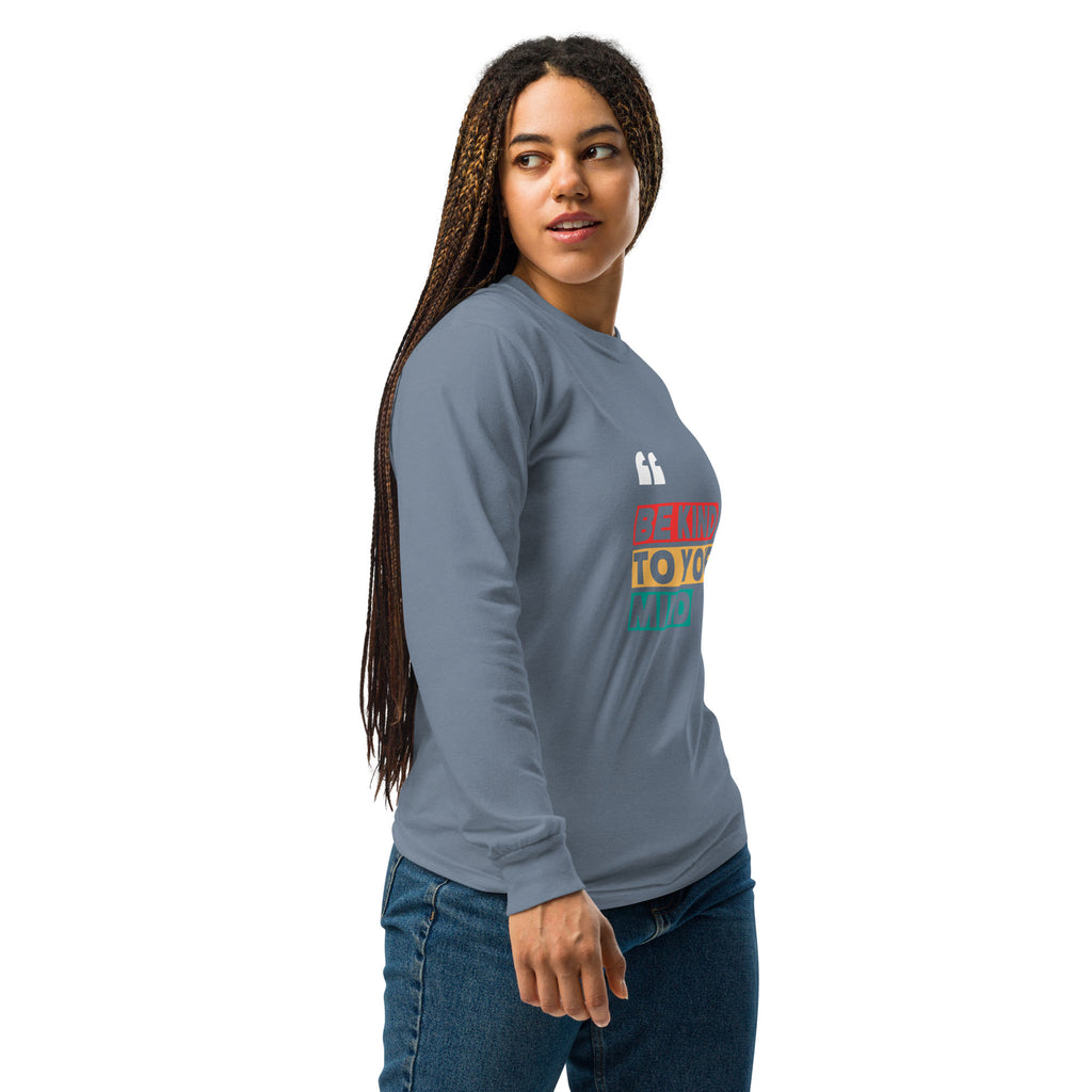 Unisex Garment-dyed heavyweight long-sleeve shirt | Be Kind To Your Mind long-sleeve shirt AwRans Clothing unisex-garment-dyed-heavyweight-long-sleeve-shirt-blue-jean-right-67eaaff1738b3