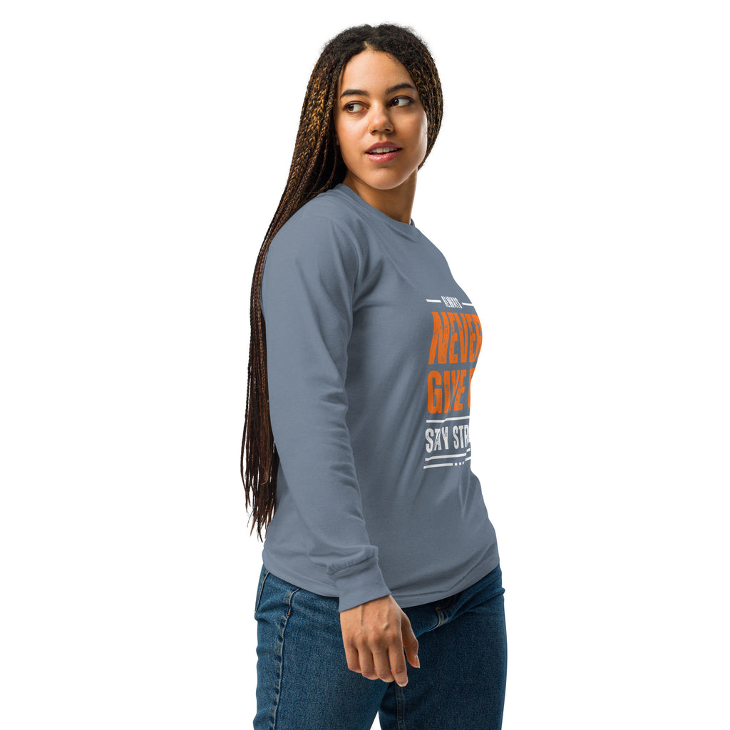 Unisex Garment-dyed heavyweight long-sleeve shirt | Always Never Give Up Stay Strong long-sleeve shirt AwRans Clothing unisex-garment-dyed-heavyweight-long-sleeve-shirt-blue-jean-right-67eab0a3ce9df