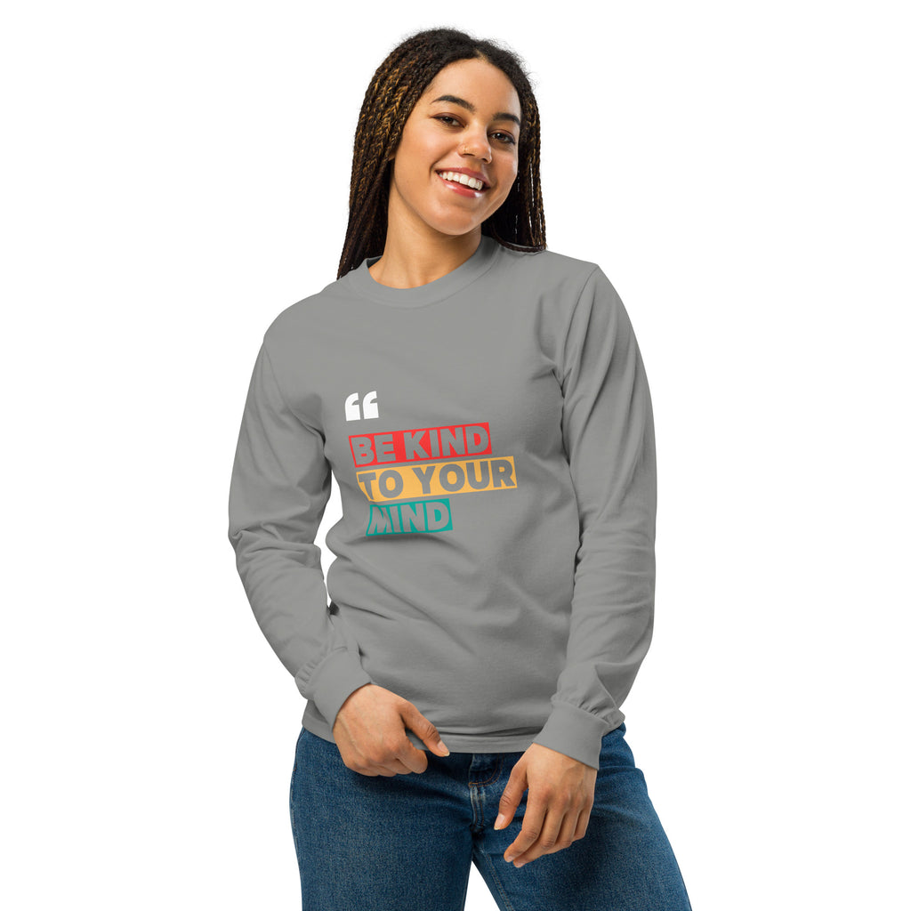 Unisex Garment-dyed heavyweight long-sleeve shirt | Be Kind To Your Mind long-sleeve shirt AwRans Clothing unisex-garment-dyed-heavyweight-long-sleeve-shirt-grey-front-67eaaff18974e