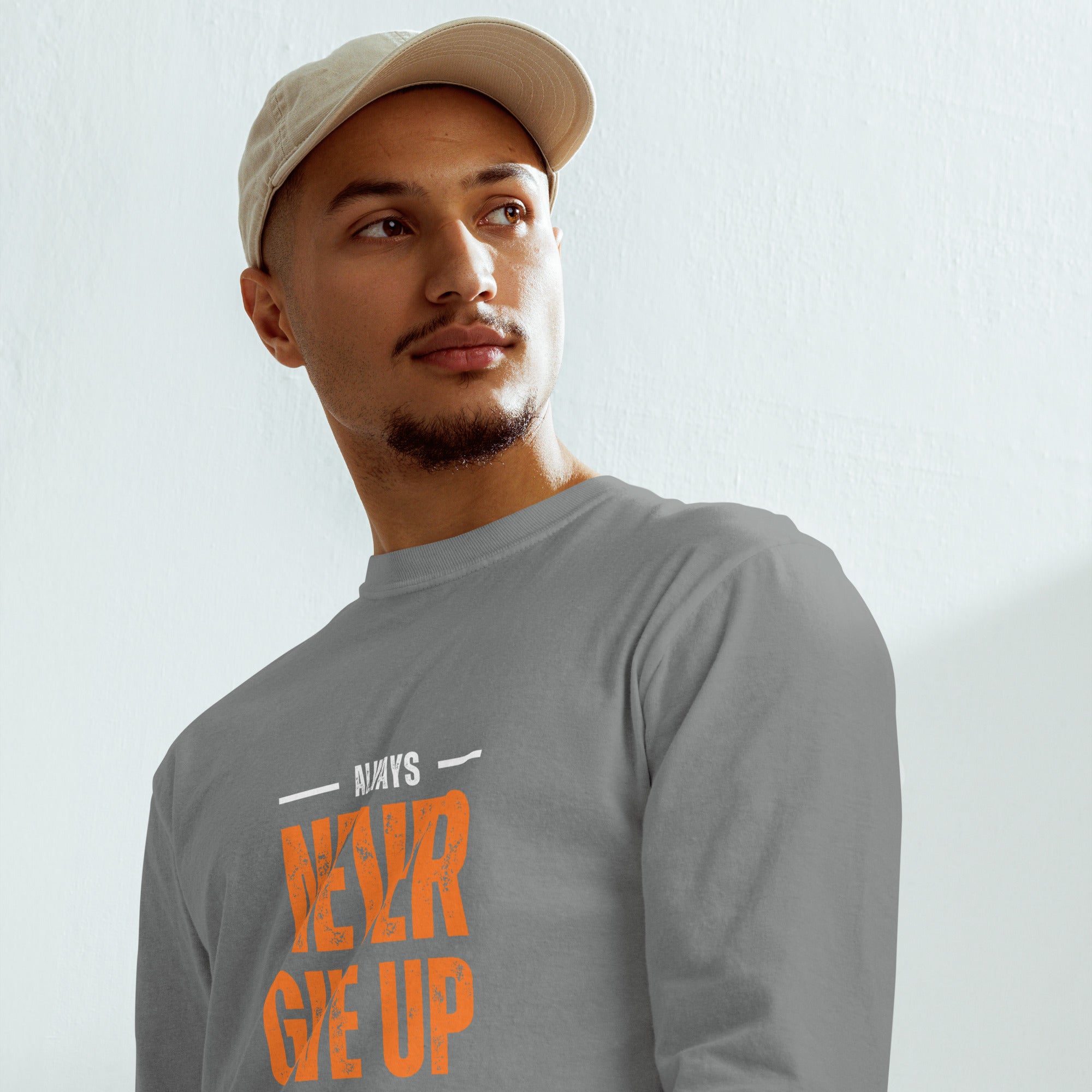 Unisex Garment-dyed heavyweight long-sleeve shirt | Always Never Give Up Stay Strong long-sleeve shirt AwRans Clothing unisex-garment-dyed-heavyweight-long-sleeve-shirt-grey-front-67eab0a3dfc62