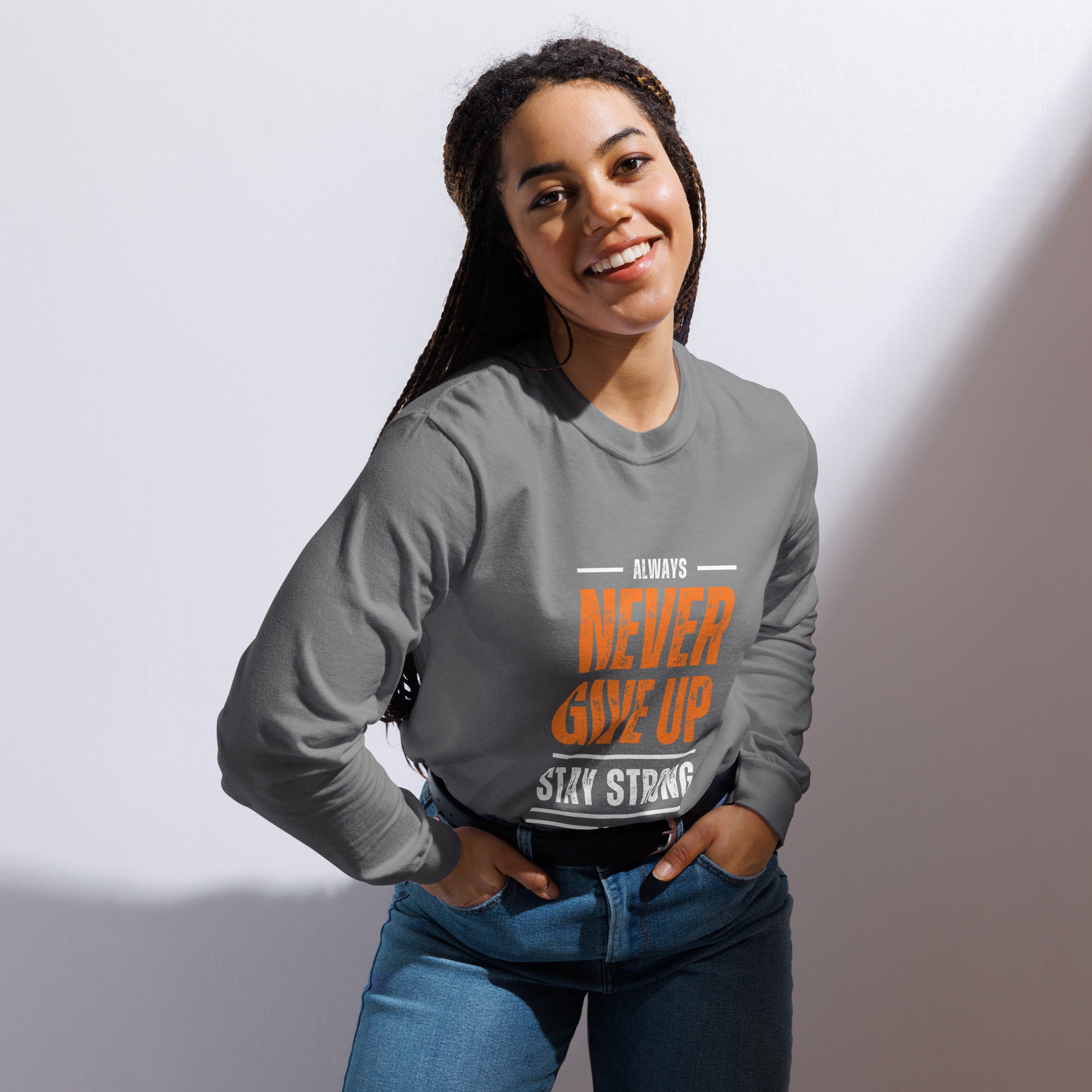 Unisex Garment-dyed heavyweight long-sleeve shirt | Always Never Give Up Stay Strong long-sleeve shirt AwRans Clothing unisex-garment-dyed-heavyweight-long-sleeve-shirt-grey-front-67eab0a3e0aba