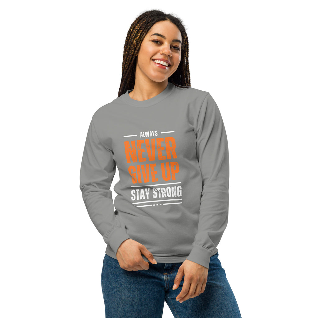 Unisex Garment-dyed heavyweight long-sleeve shirt | Always Never Give Up Stay Strong long-sleeve shirt AwRans Clothing unisex-garment-dyed-heavyweight-long-sleeve-shirt-grey-front-67eab0a3e6159