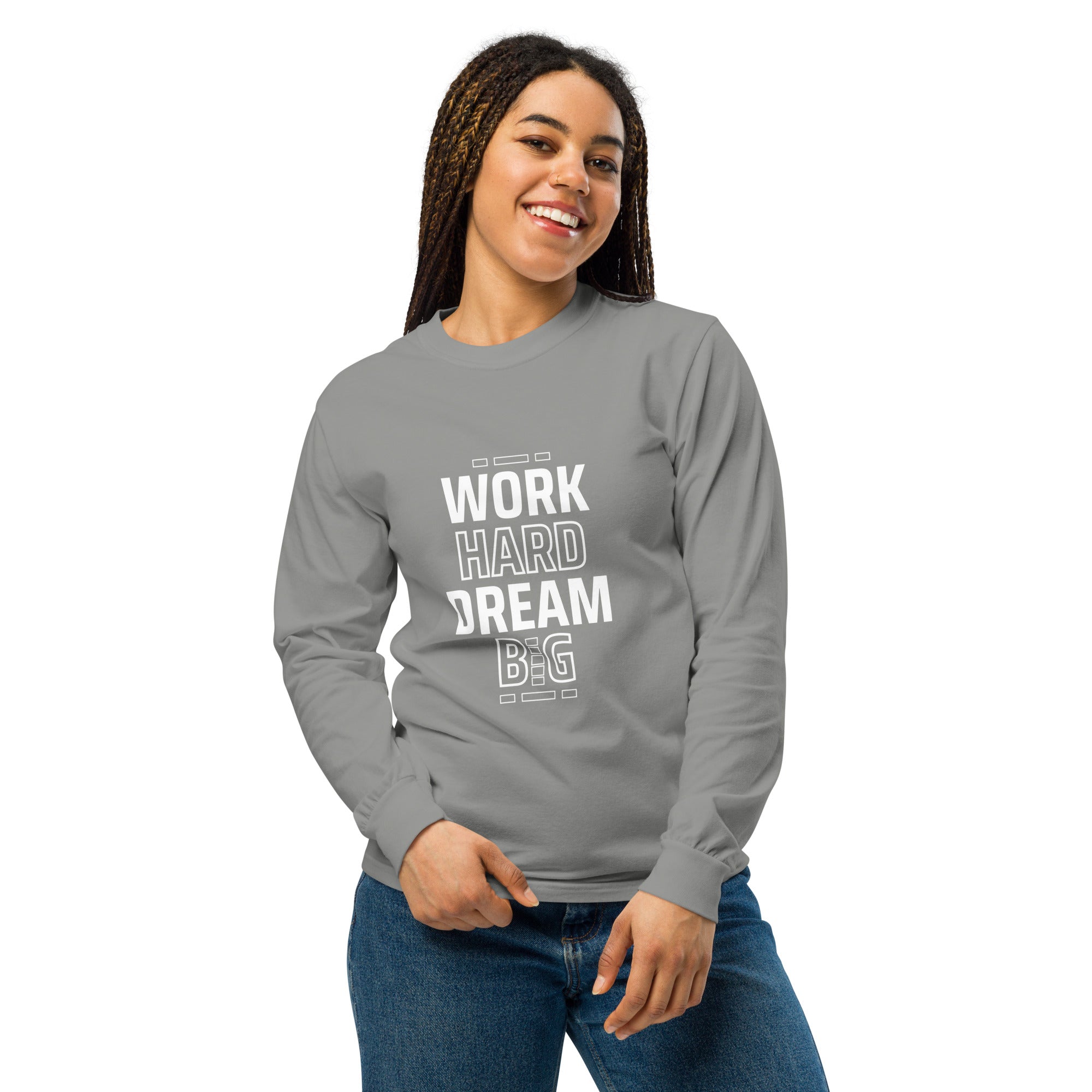 Unisex Garment-dyed heavyweight long-sleeve shirt | Work Hard , Dream Big long-sleeve shirt AwRans Clothing unisex-garment-dyed-heavyweight-long-sleeve-shirt-grey-front-67eab157c93e4