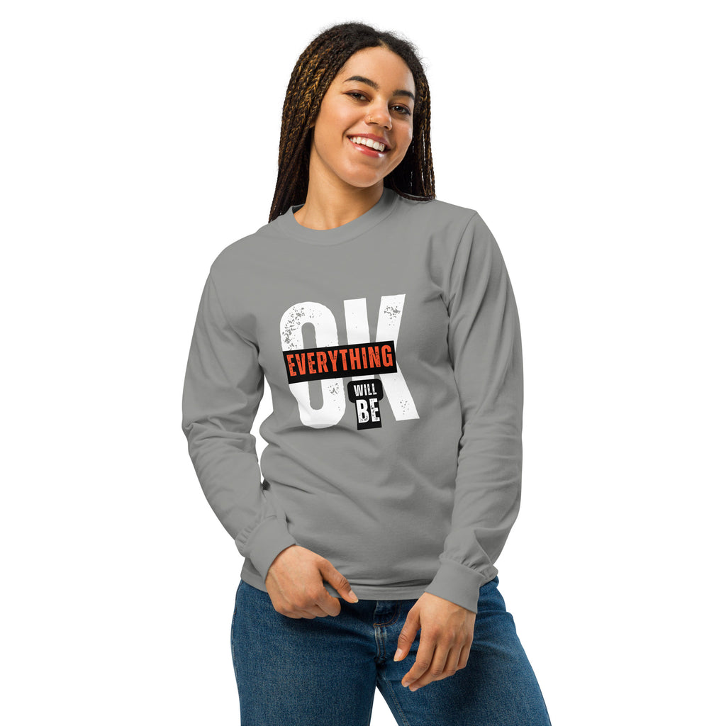Unisex Garment-dyed heavyweight long-sleeve shirt | Everything Will Be Ok long-sleeve shirt AwRans Clothing unisex-garment-dyed-heavyweight-long-sleeve-shirt-grey-front-67eab378ef482